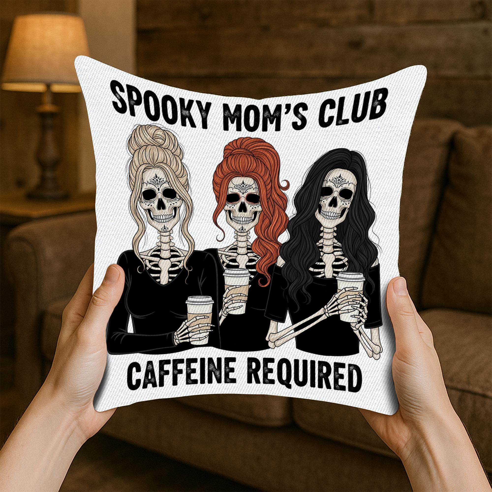 Spooky Mom's Club Pillow Cover: Skeleton Coffee Lover Halloween Decor