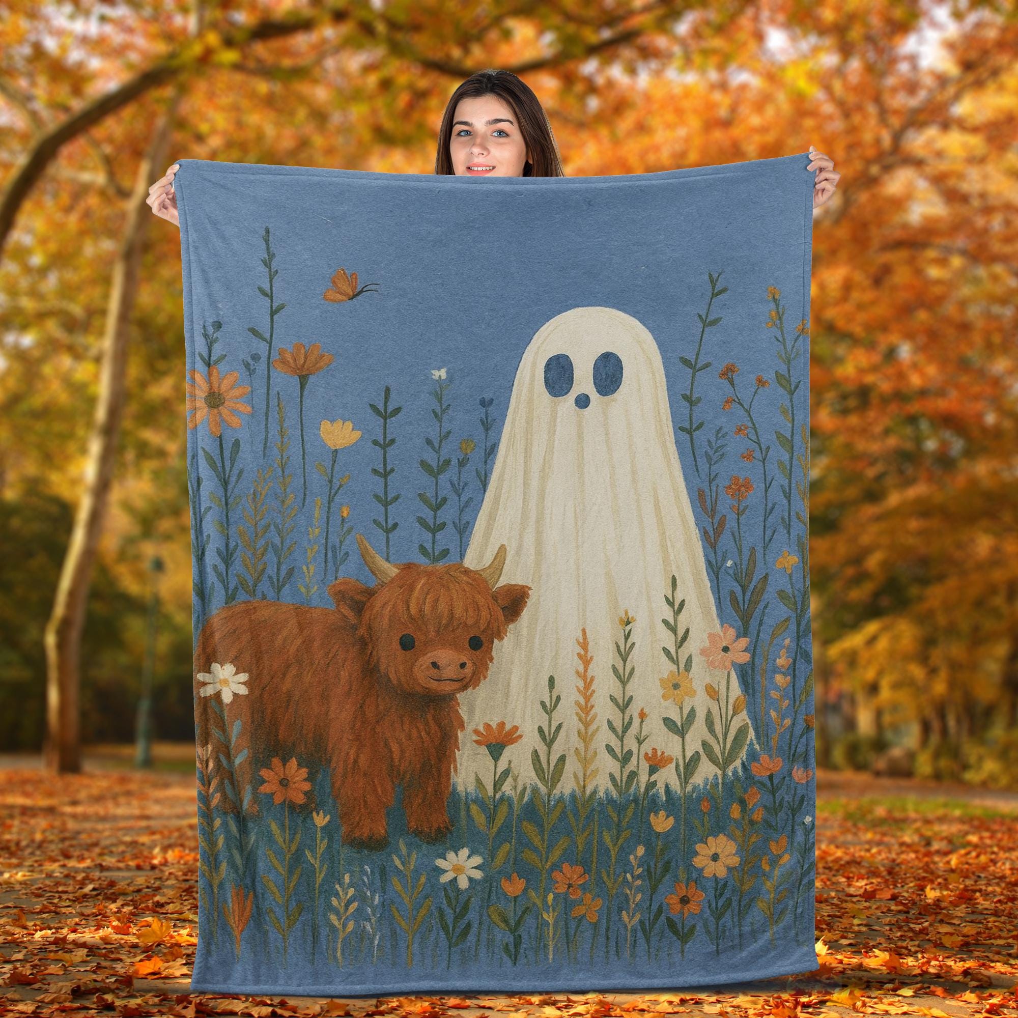 Ghost and Highland Cow Blanket: Cottagecore Halloween Throw