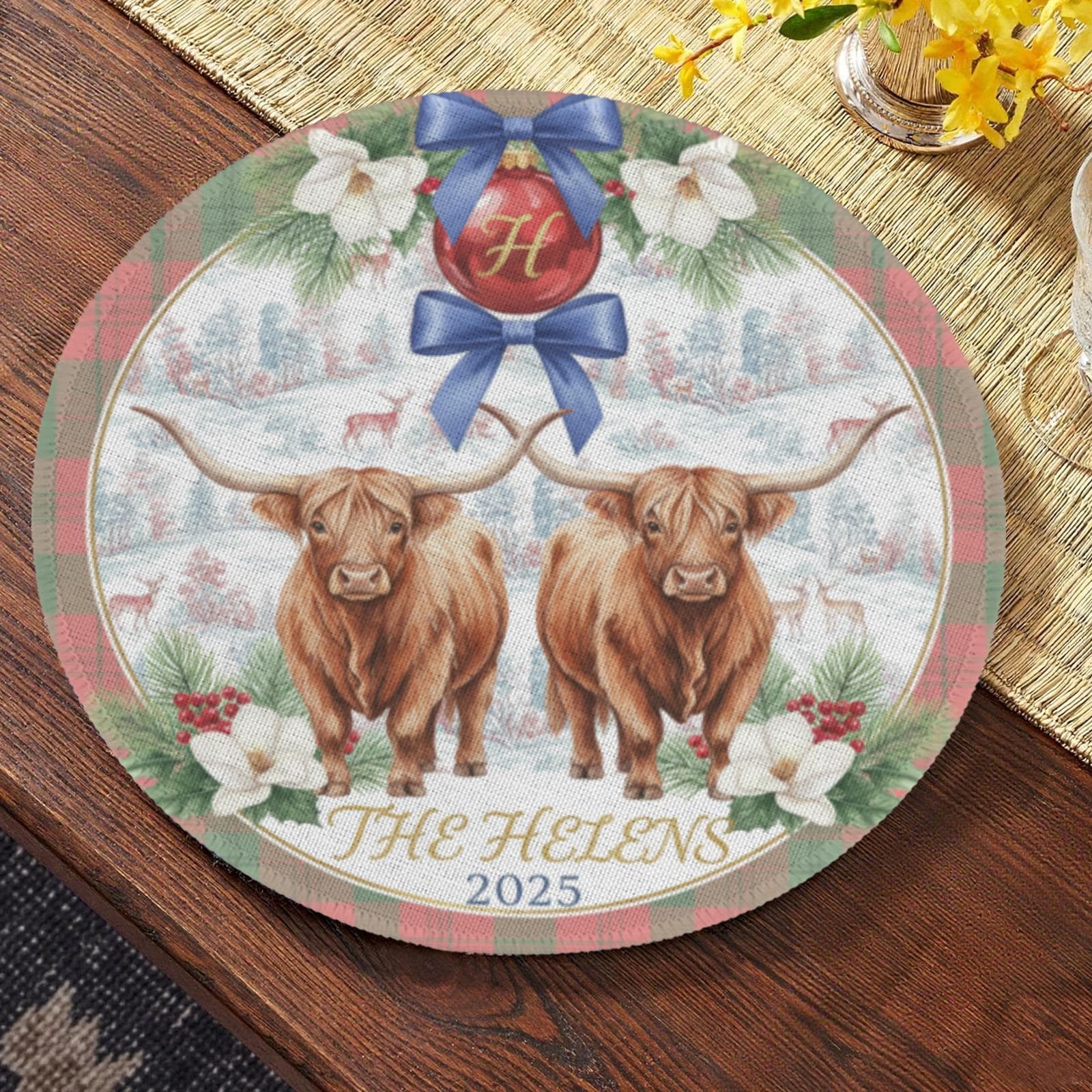 Personalized Highland Cow Placemat – Custom Family Name Round Table Decor 2025