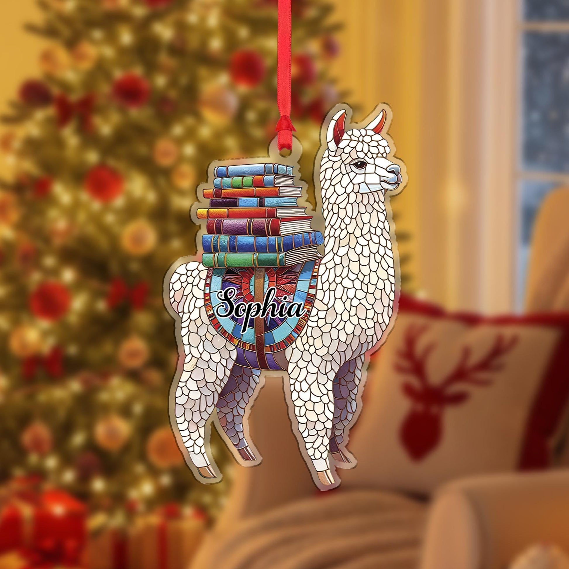 Personalized Llama Ornament – Custom Book Lover Christmas Tree Decoration with Name