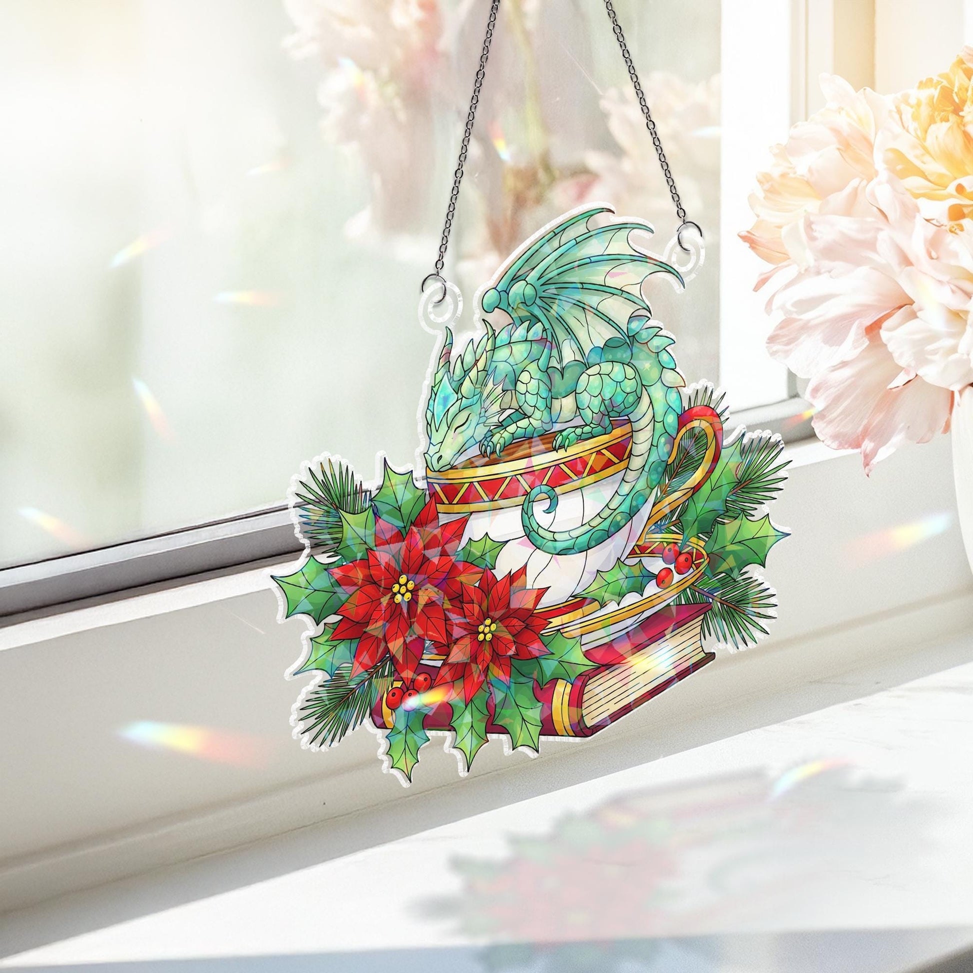 Acrylic Window Hanging: Christmas Dragon Sun Catcher Holiday Decoration with Poinsettias