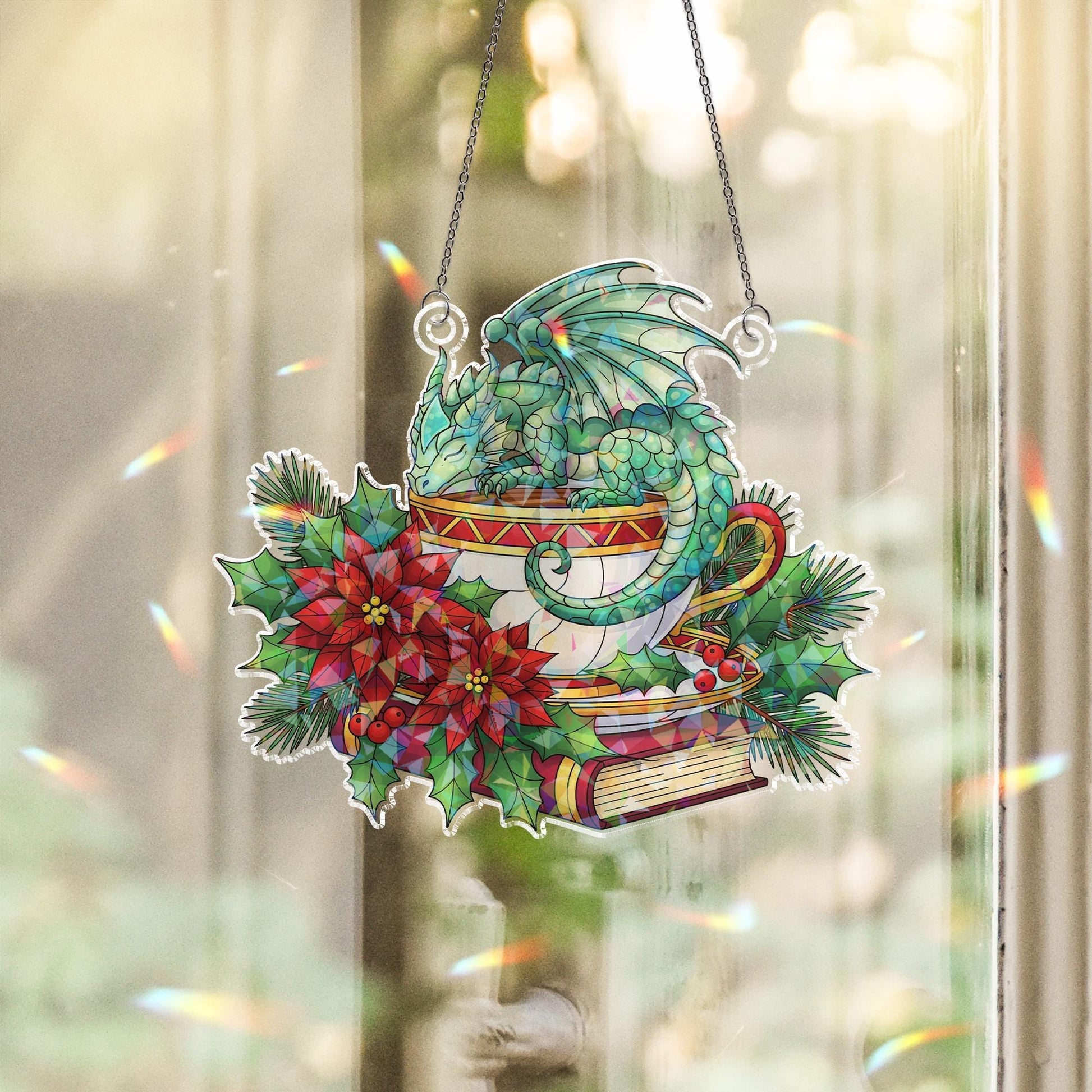 Acrylic Window Hanging: Christmas Dragon Sun Catcher Holiday Decoration with Poinsettias