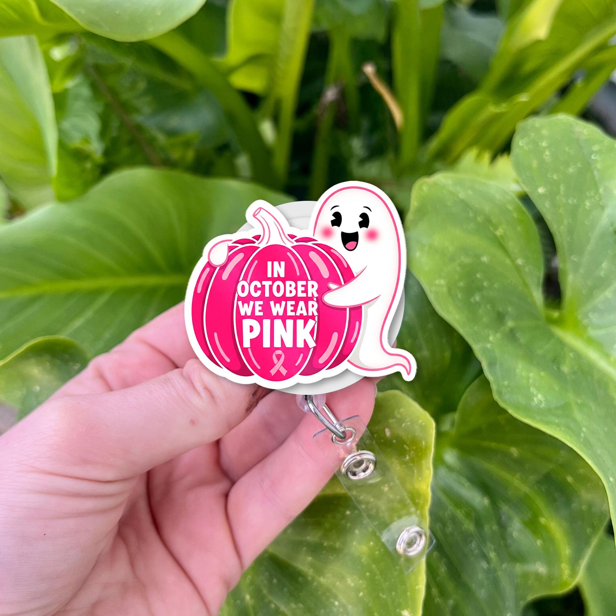 Breast Cancer Awareness Badge Reel: Pink Ghost Pumpkin ID Holder October Support