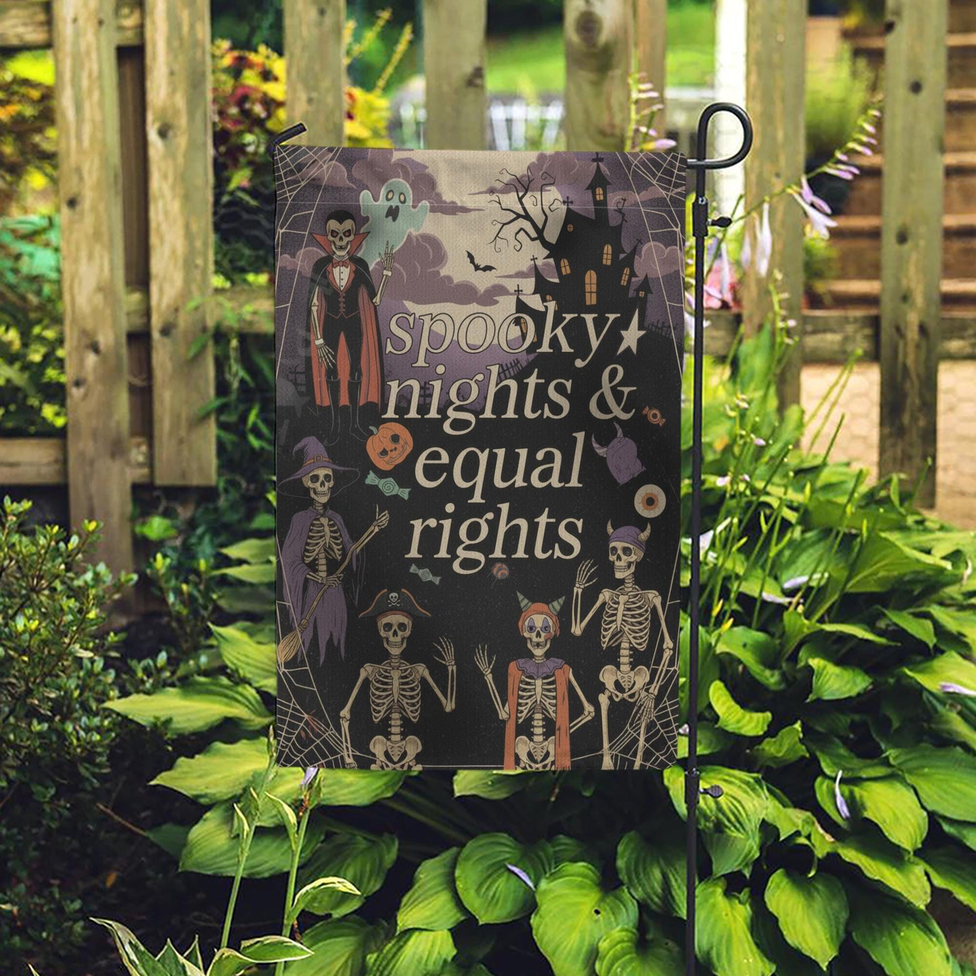 Halloween Garden Flag – Spooky Nights Equal Rights Skeleton Yard Sign
