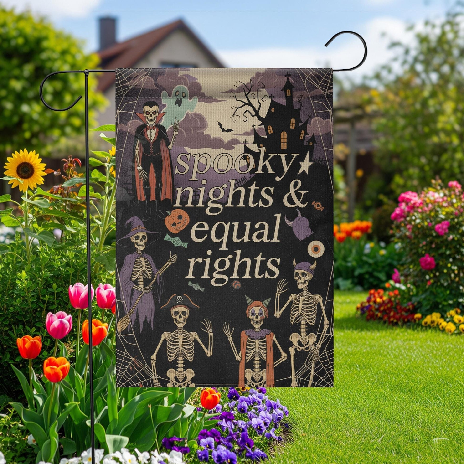 Halloween Garden Flag – Spooky Nights Equal Rights Skeleton Yard Sign