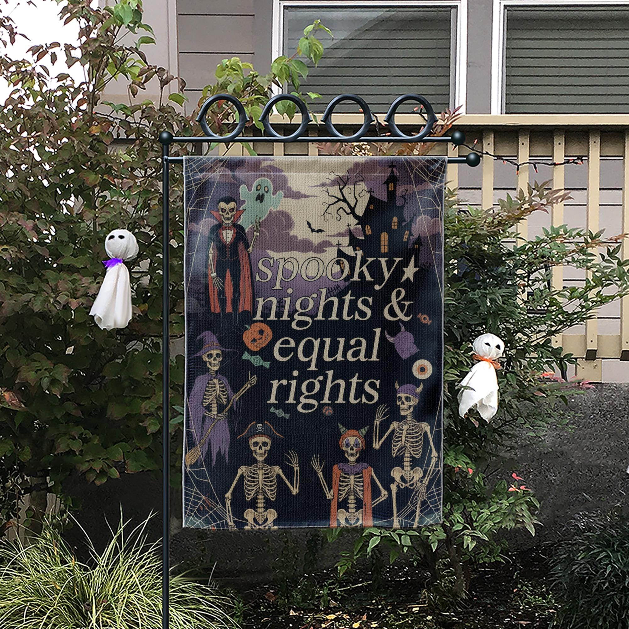 Halloween Garden Flag – Spooky Nights Equal Rights Skeleton Yard Sign