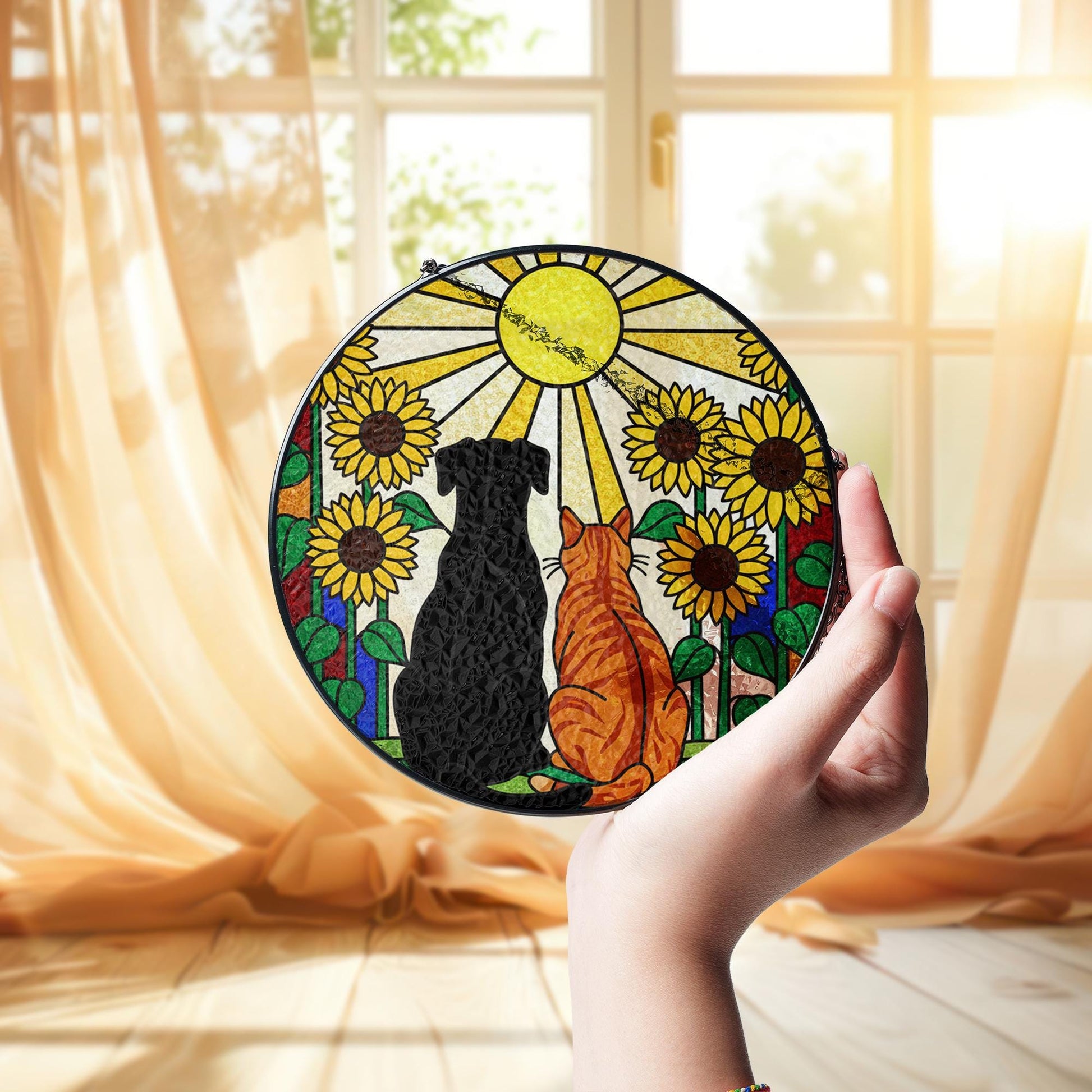 Glass Suncatcher: Dog and Cat Sunflower Window Hanging Pet Memorial Decoration