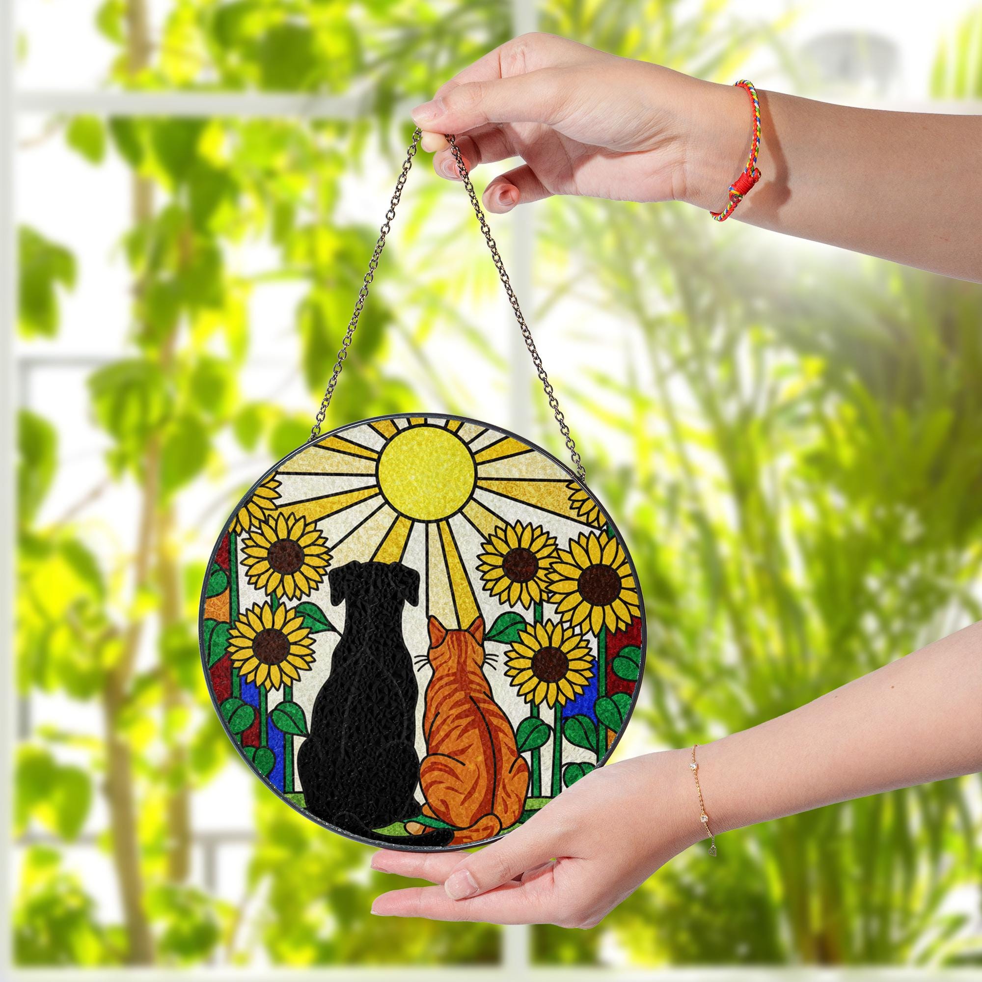 Glass Suncatcher: Dog and Cat Sunflower Window Hanging Pet Memorial Decoration