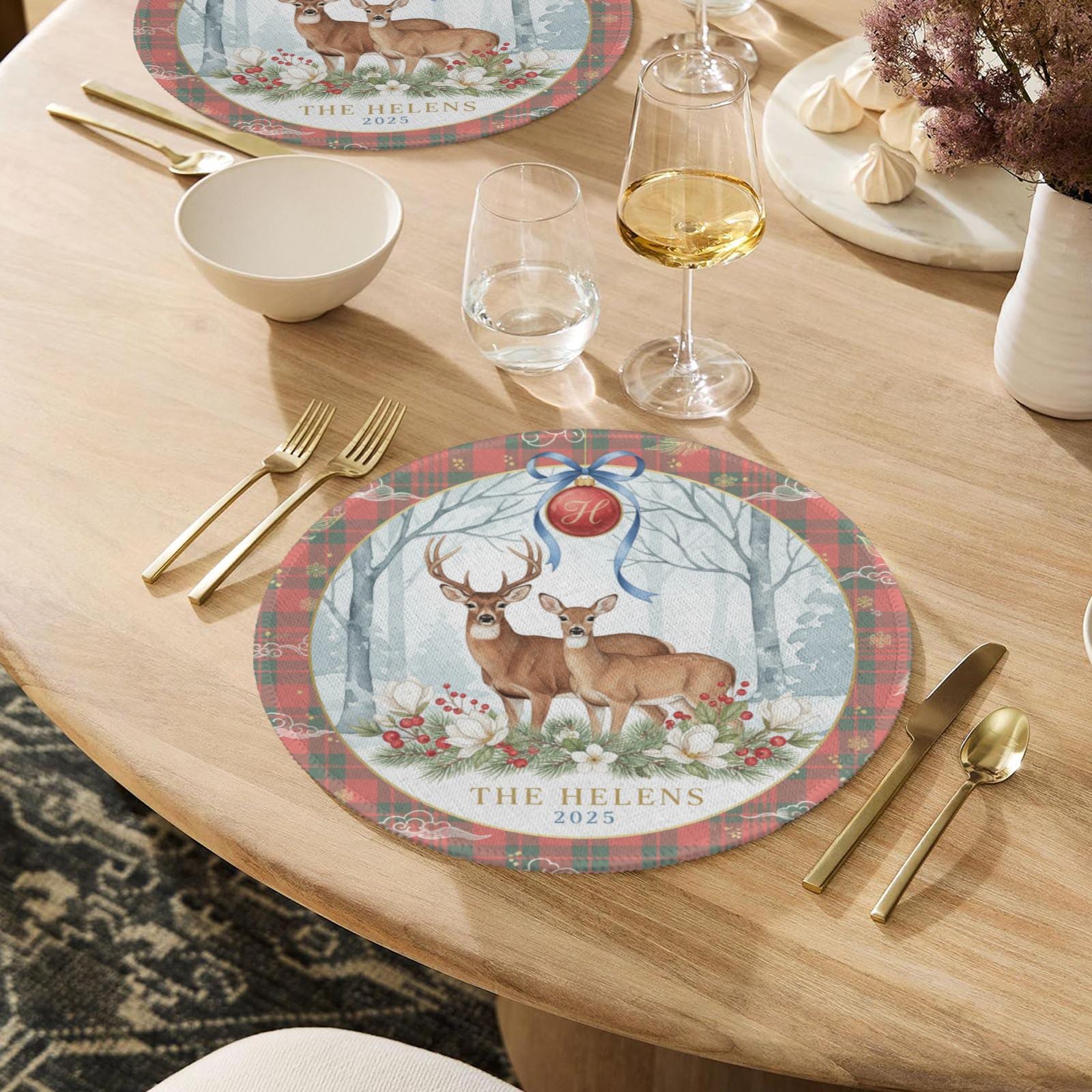 Custom Holiday Placemat – Deer Family Name Round Christmas Table Setting