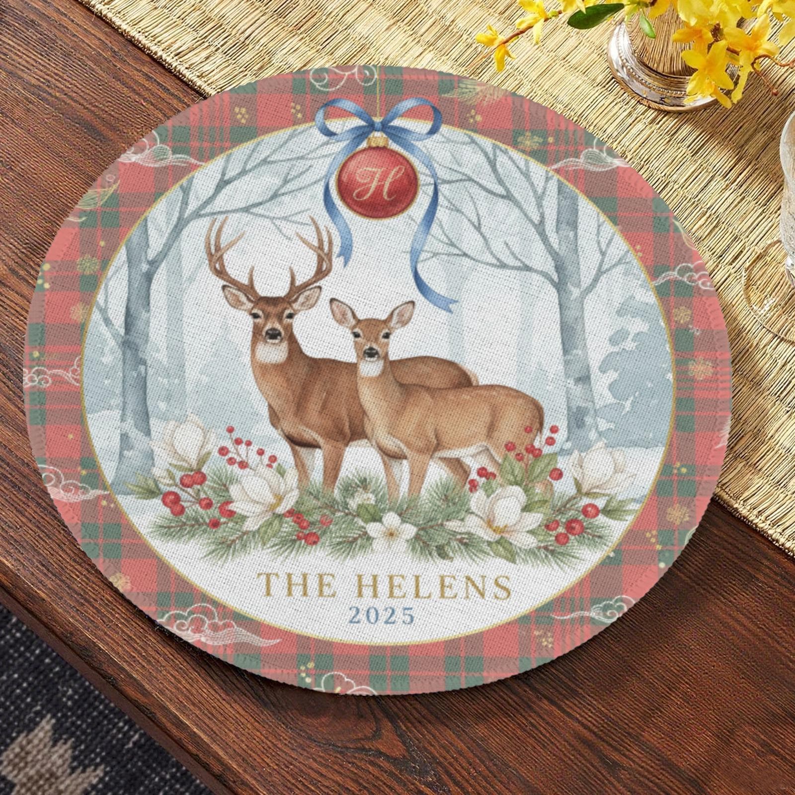 Custom Holiday Placemat – Deer Family Name Round Christmas Table Setting