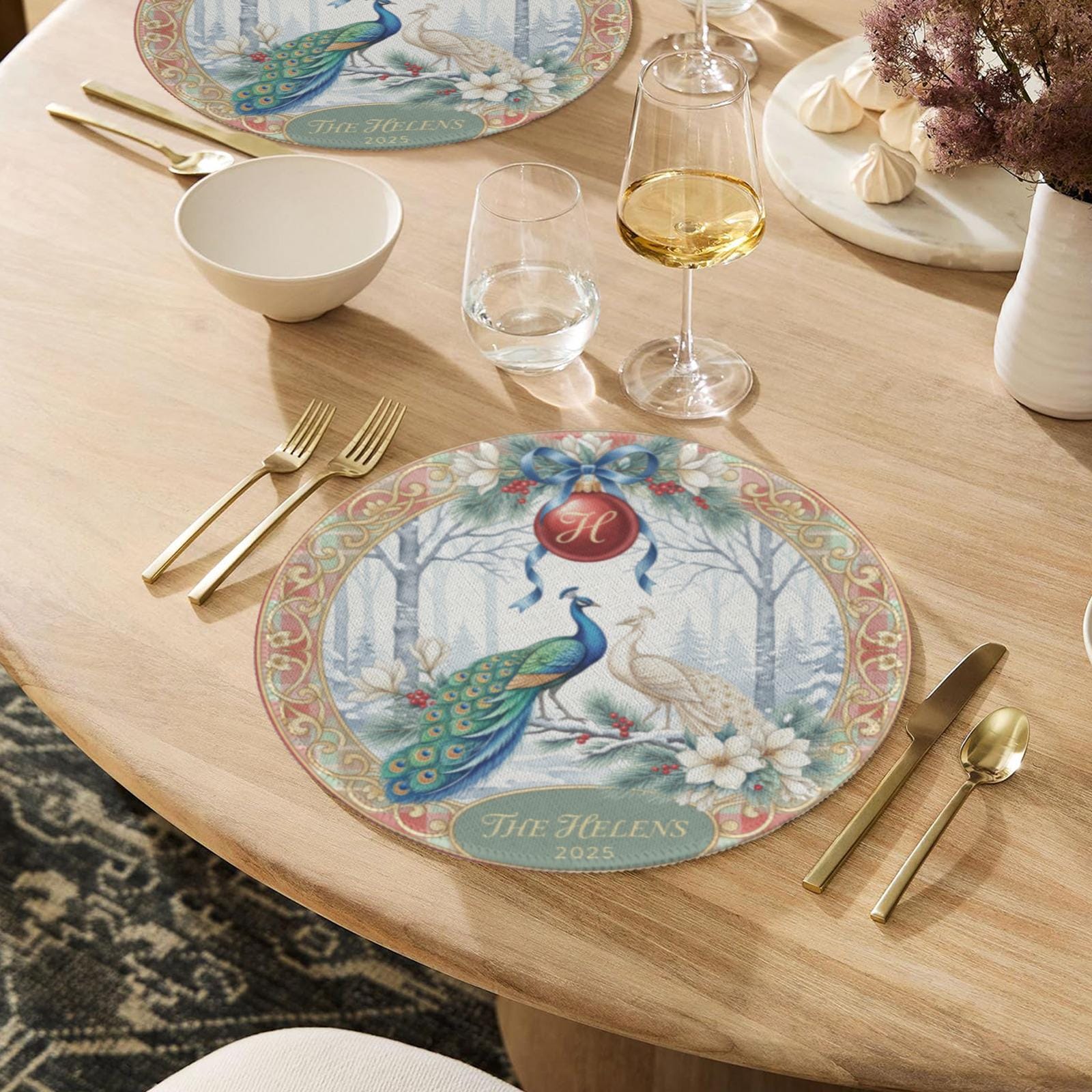Personalized Peacock Placemat – Custom Family Name Round Christmas Table Decor 2025