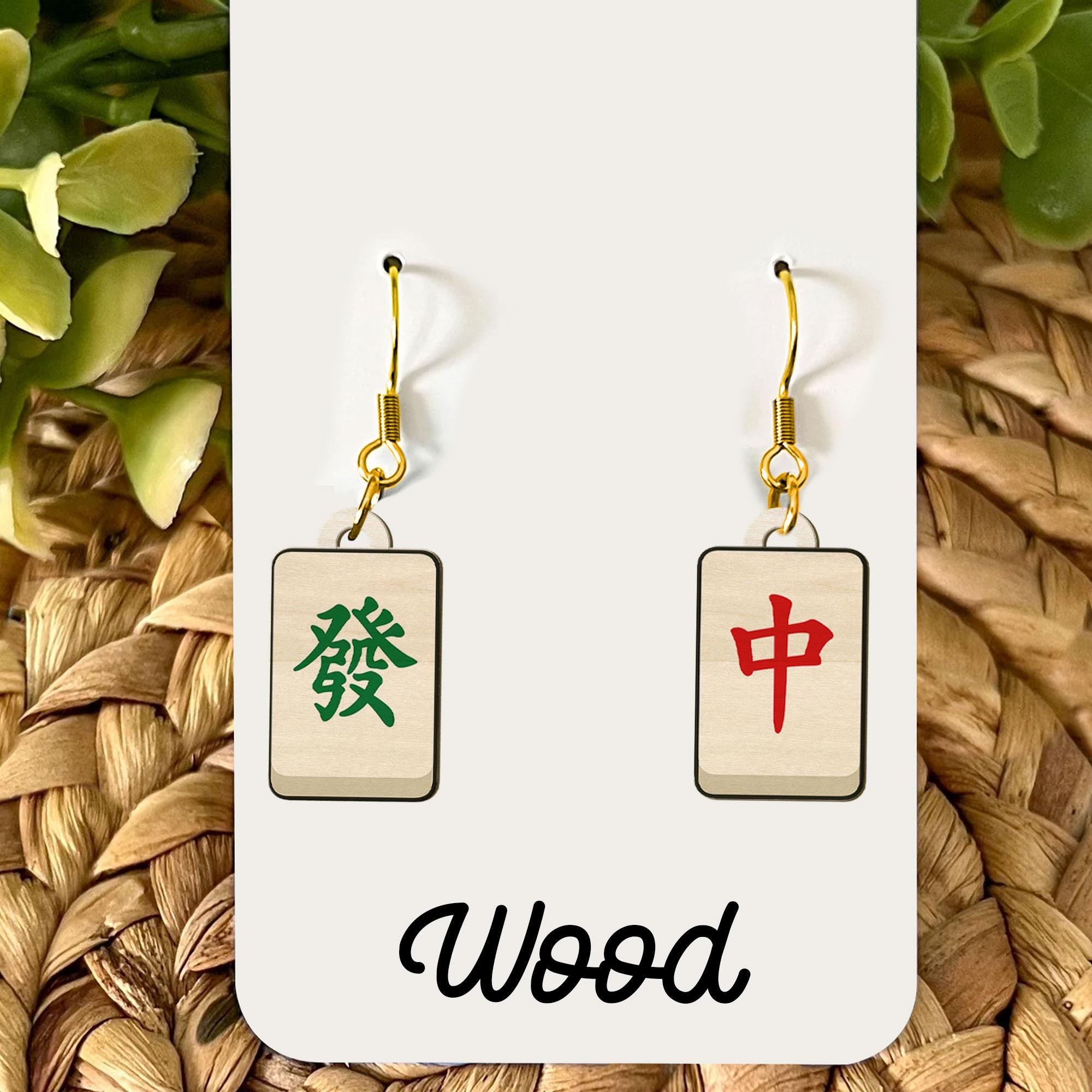 Mahjong Tile Earrings – Chinese Character Jewelry, Lucky Symbol Drop Earrings