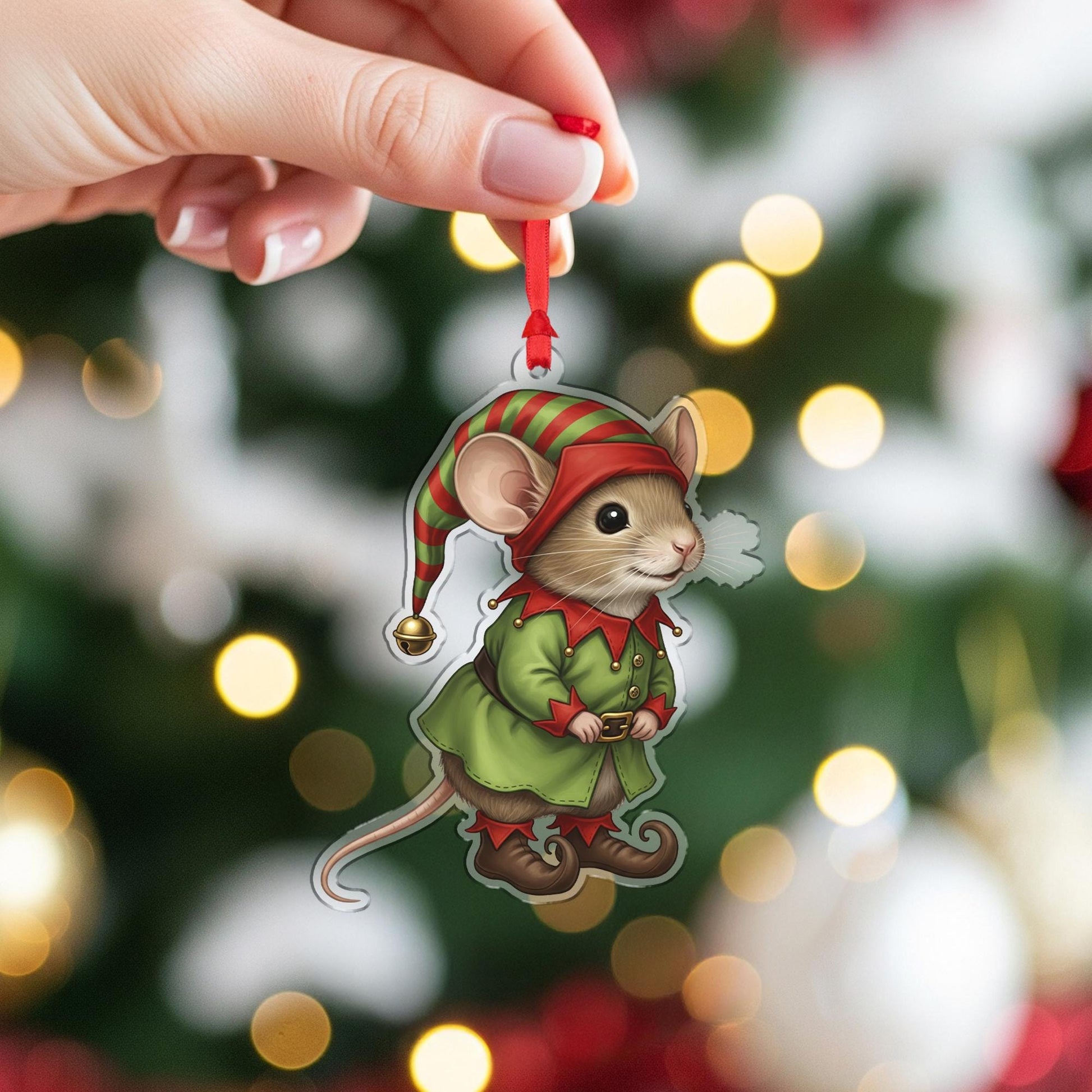 Mouse Ornament – Christmas Tree Decoration, Elf Costume, Acrylic Cutout