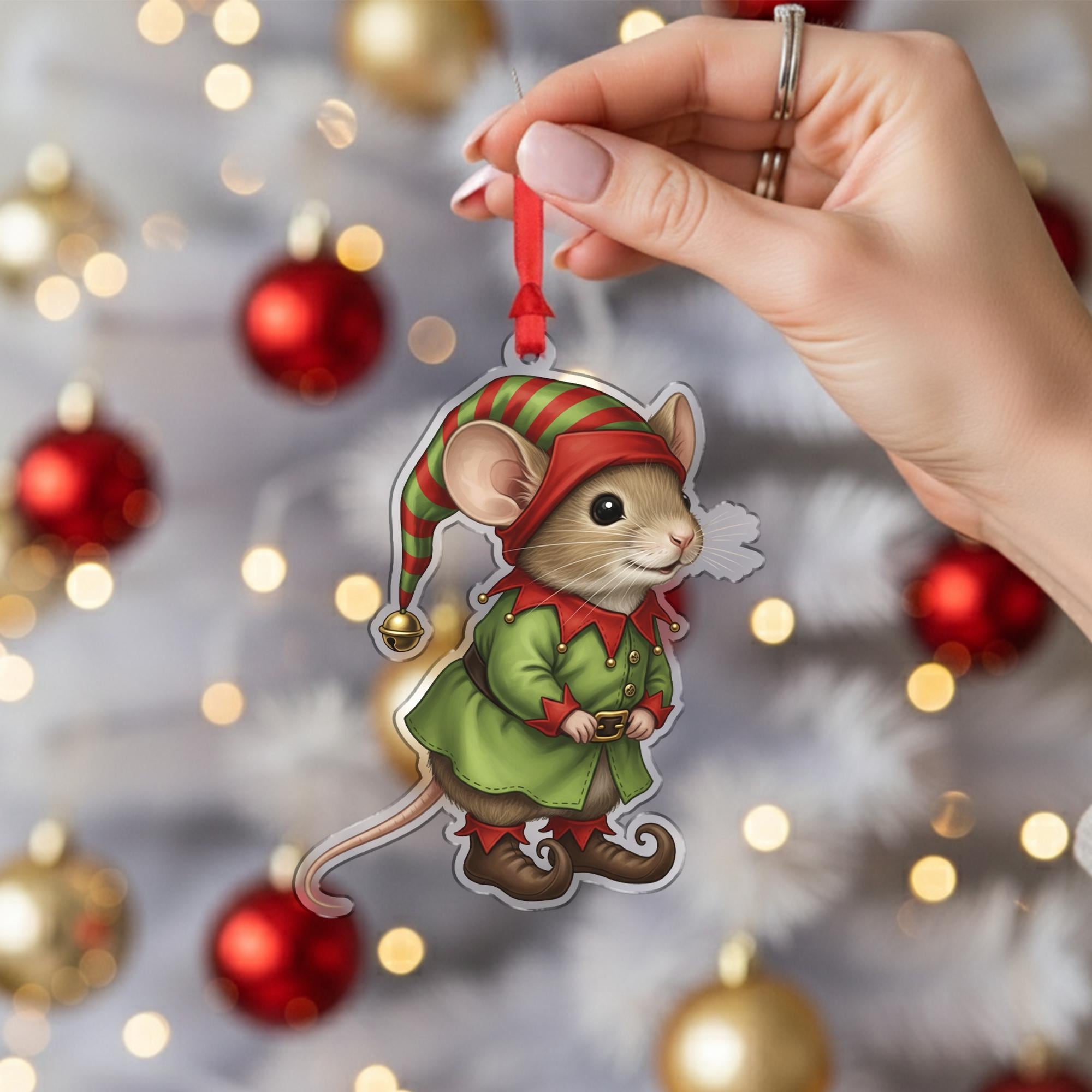 Mouse Ornament – Christmas Tree Decoration, Elf Costume, Acrylic Cutout