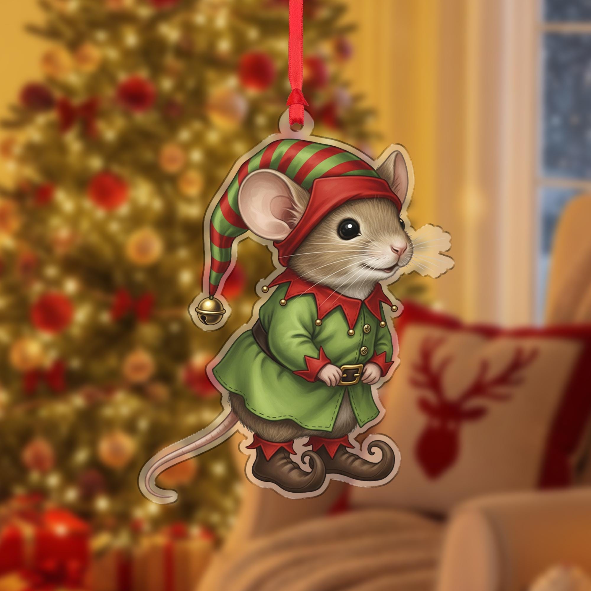 Mouse Ornament – Christmas Tree Decoration, Elf Costume, Acrylic Cutout