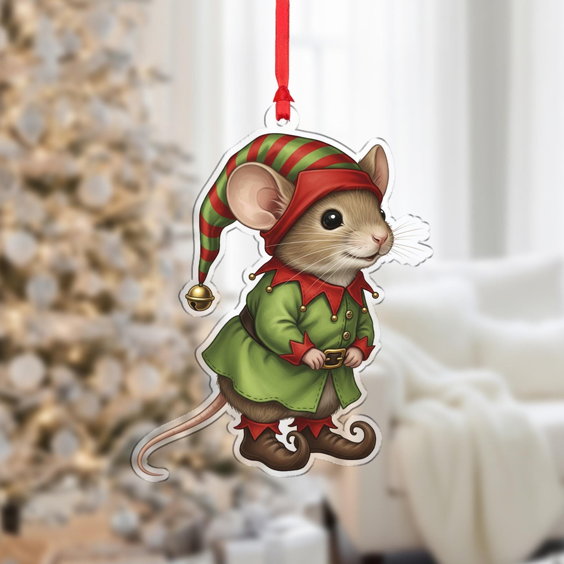 Mouse Ornament – Christmas Tree Decoration, Elf Costume, Acrylic Cutout