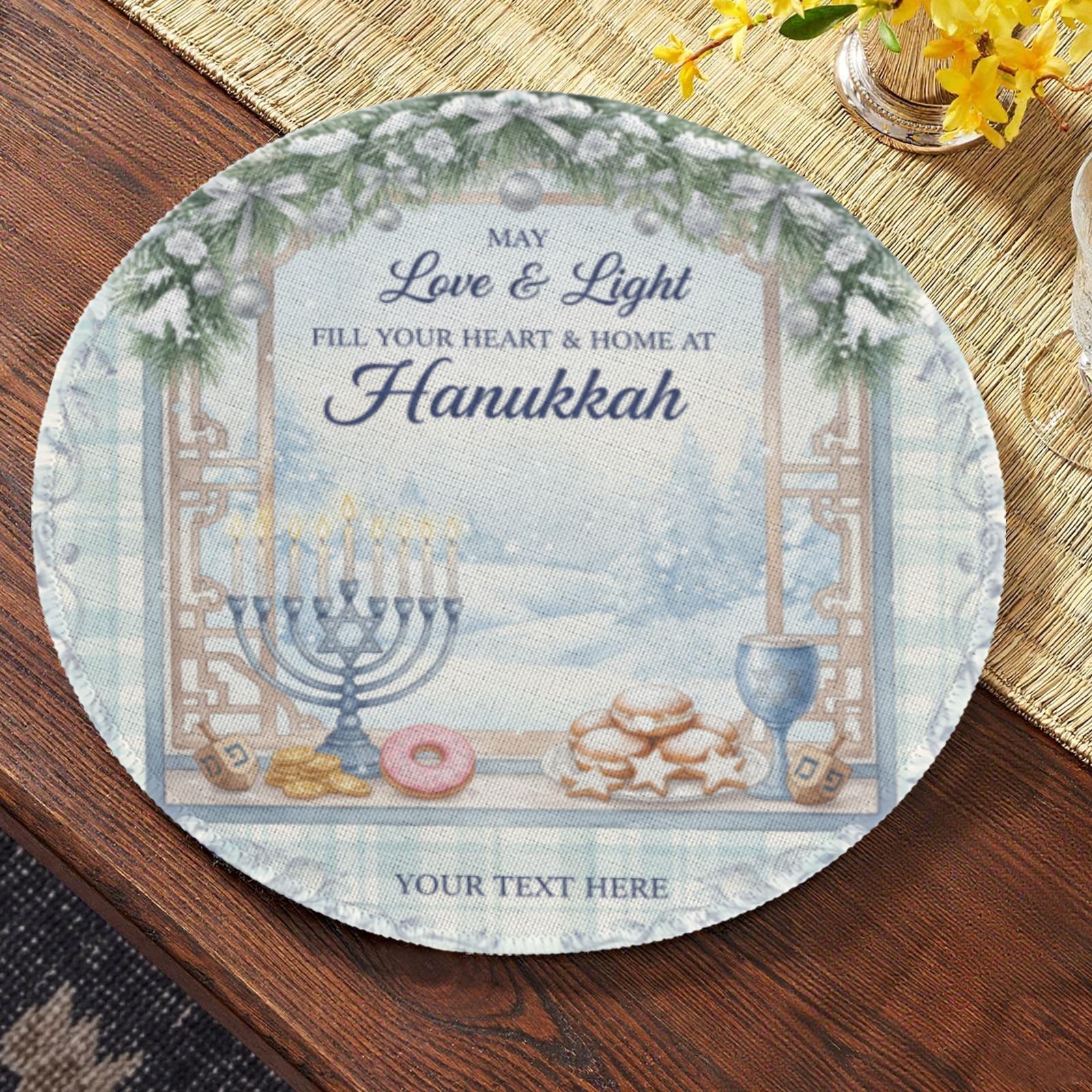 Personalized Hanukkah Placemat – Custom Round Table Decor with Menorah and Dreidel