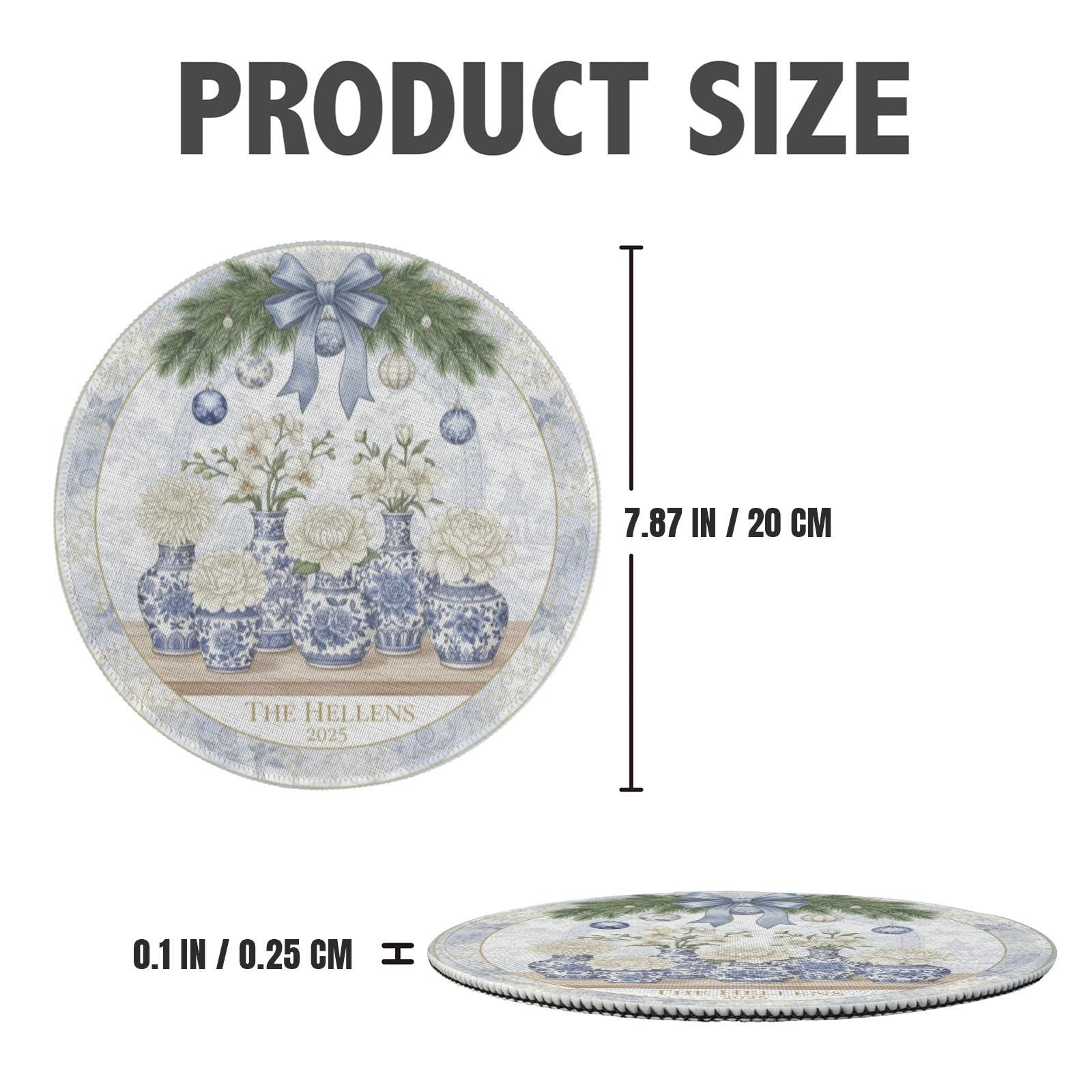 Personalized Blue and White Floral Placemat – Custom Family Name Round Holiday Table Decor”