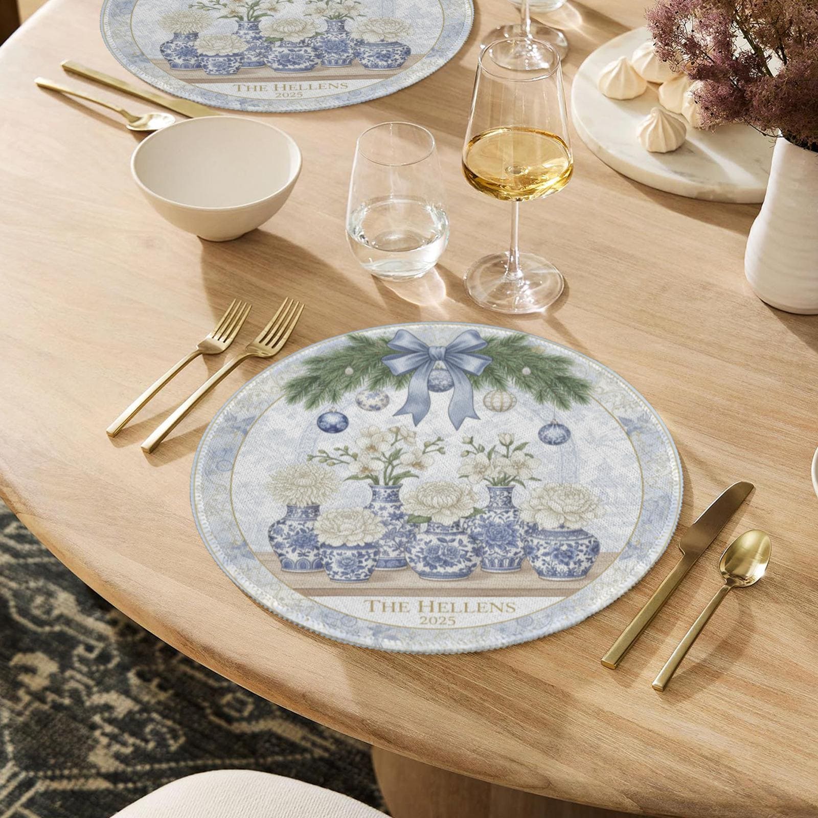 Personalized Blue and White Floral Placemat – Custom Family Name Round Holiday Table Decor”