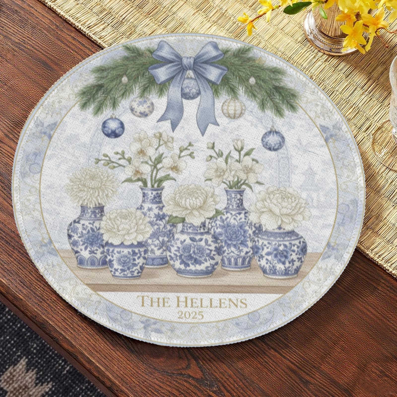 Personalized Blue and White Floral Placemat – Custom Family Name Round Holiday Table Decor”