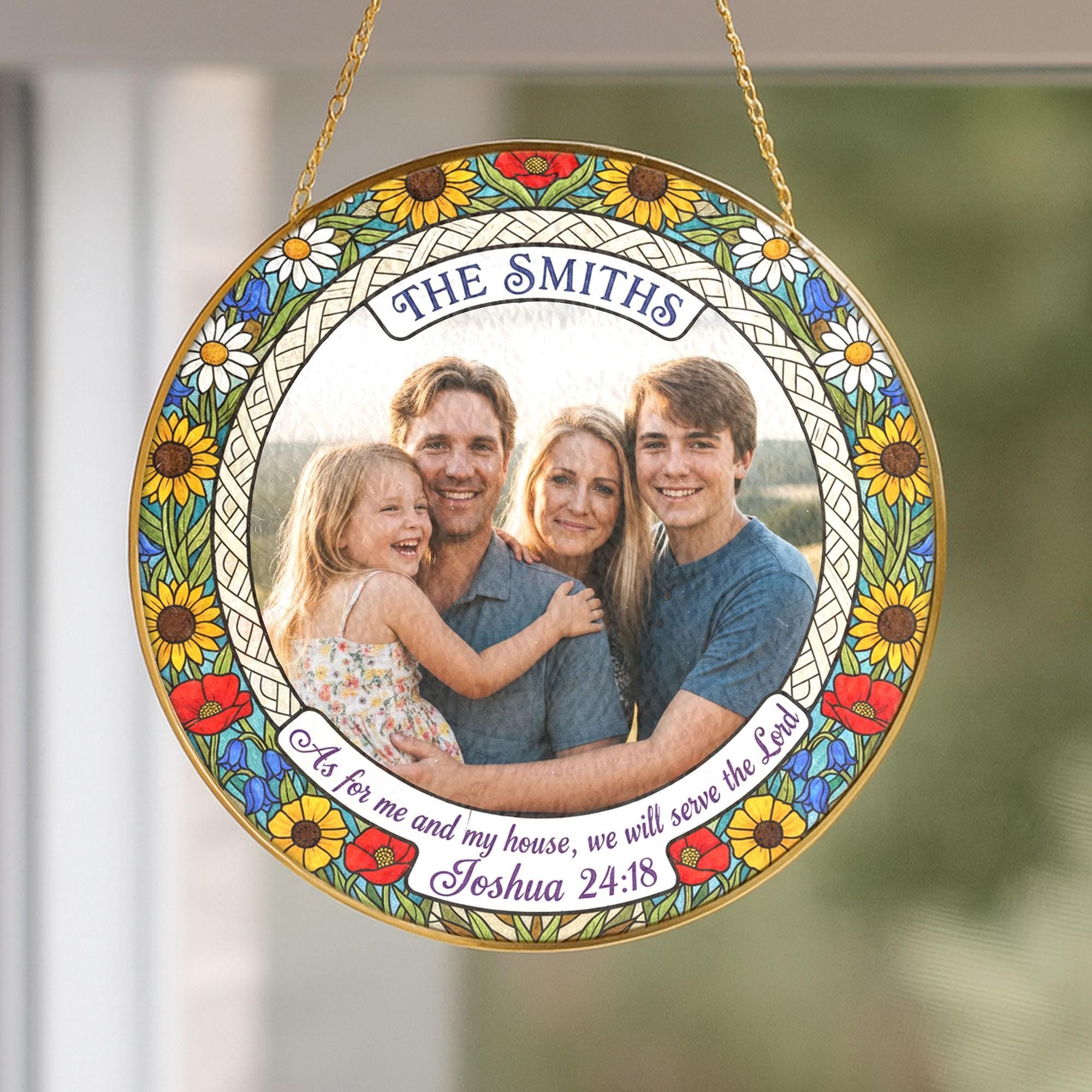 Personalized Christian Suncatcher – Custom Family Photo Ornament with Bible Verse Joshua 24:18