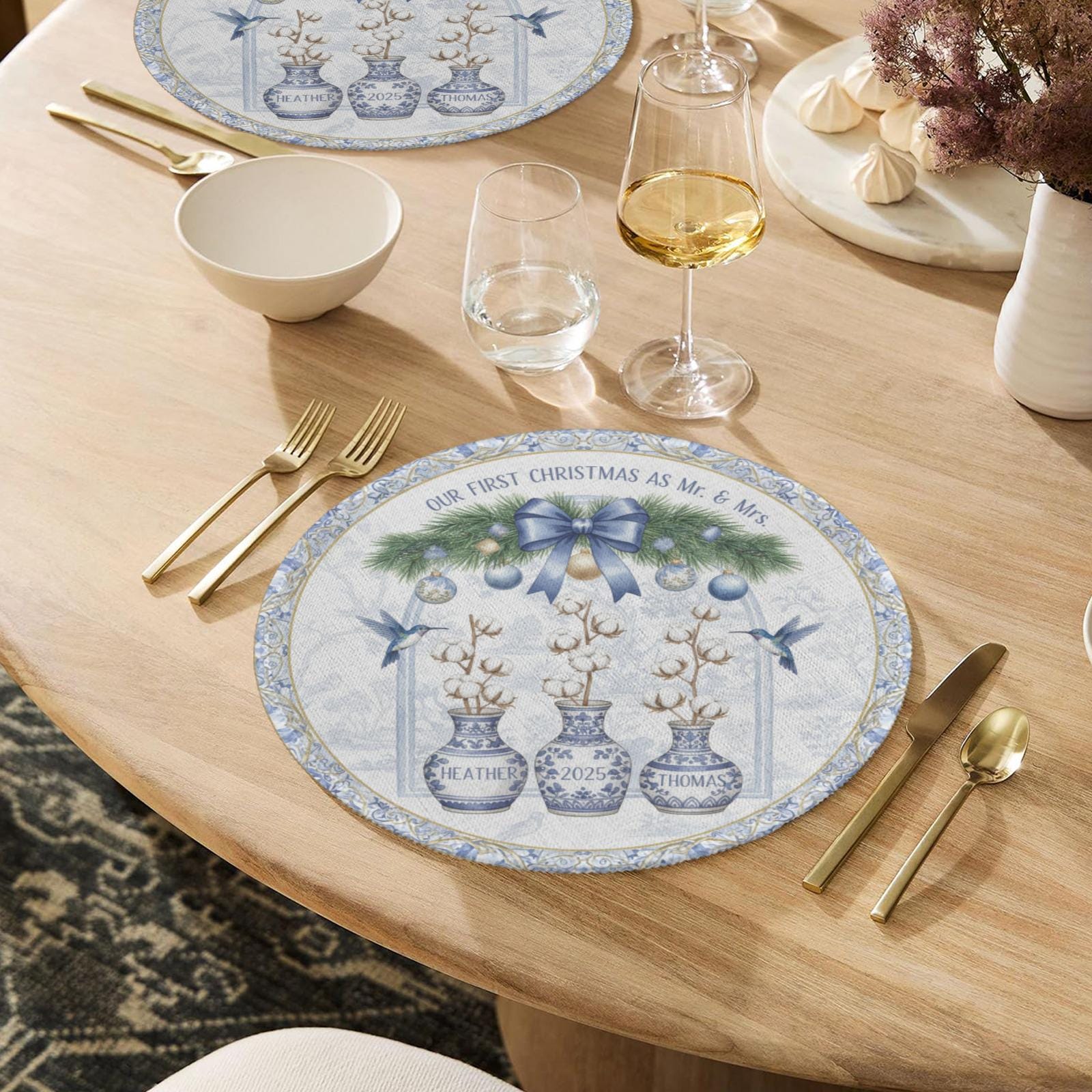 Our First Christmas Placemat – Custom Newlywed Round Holiday Table Setting with Names
