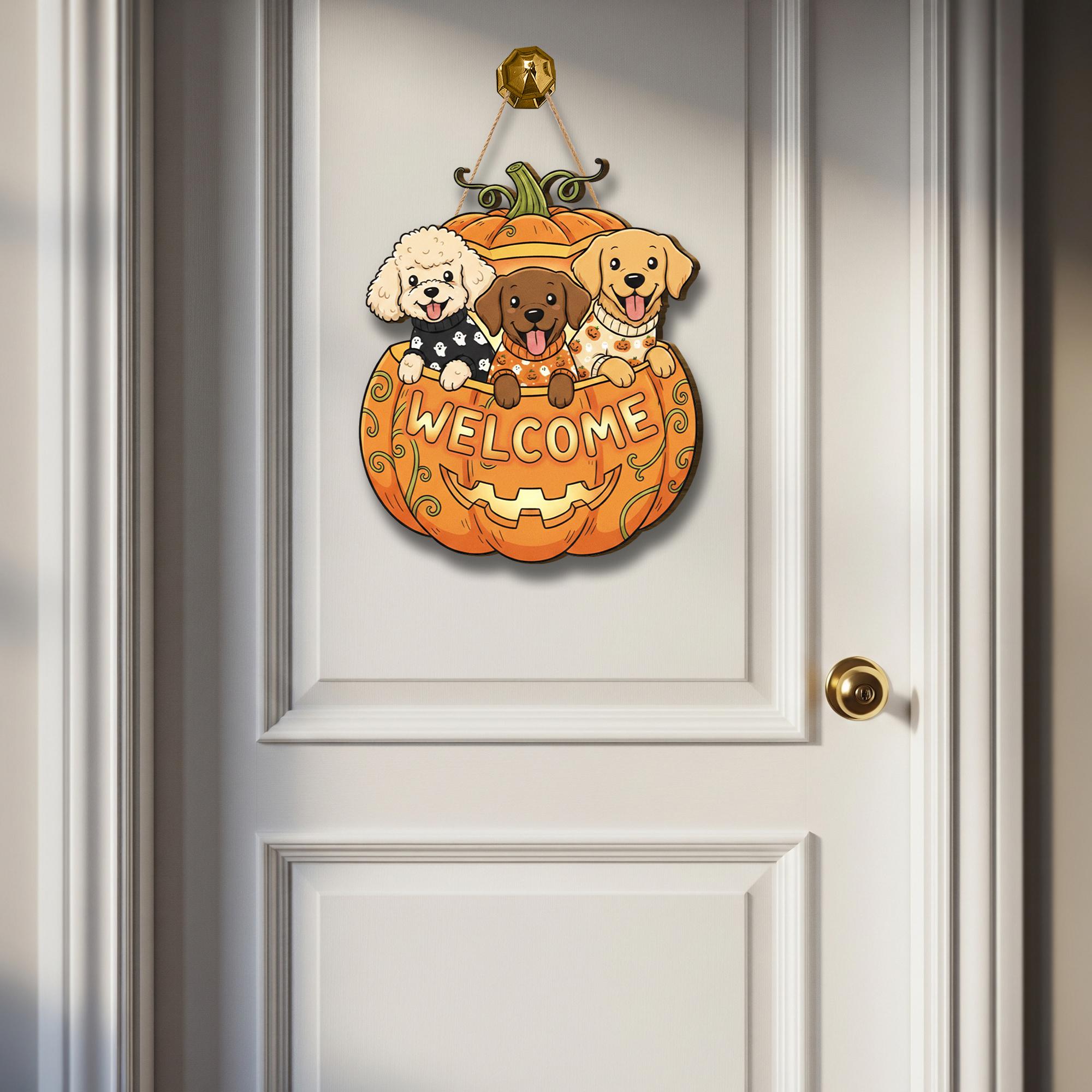 Wooden Door Hanger: Halloween Welcome Sign Pumpkin Custom Pet Autumn Porch Decoration