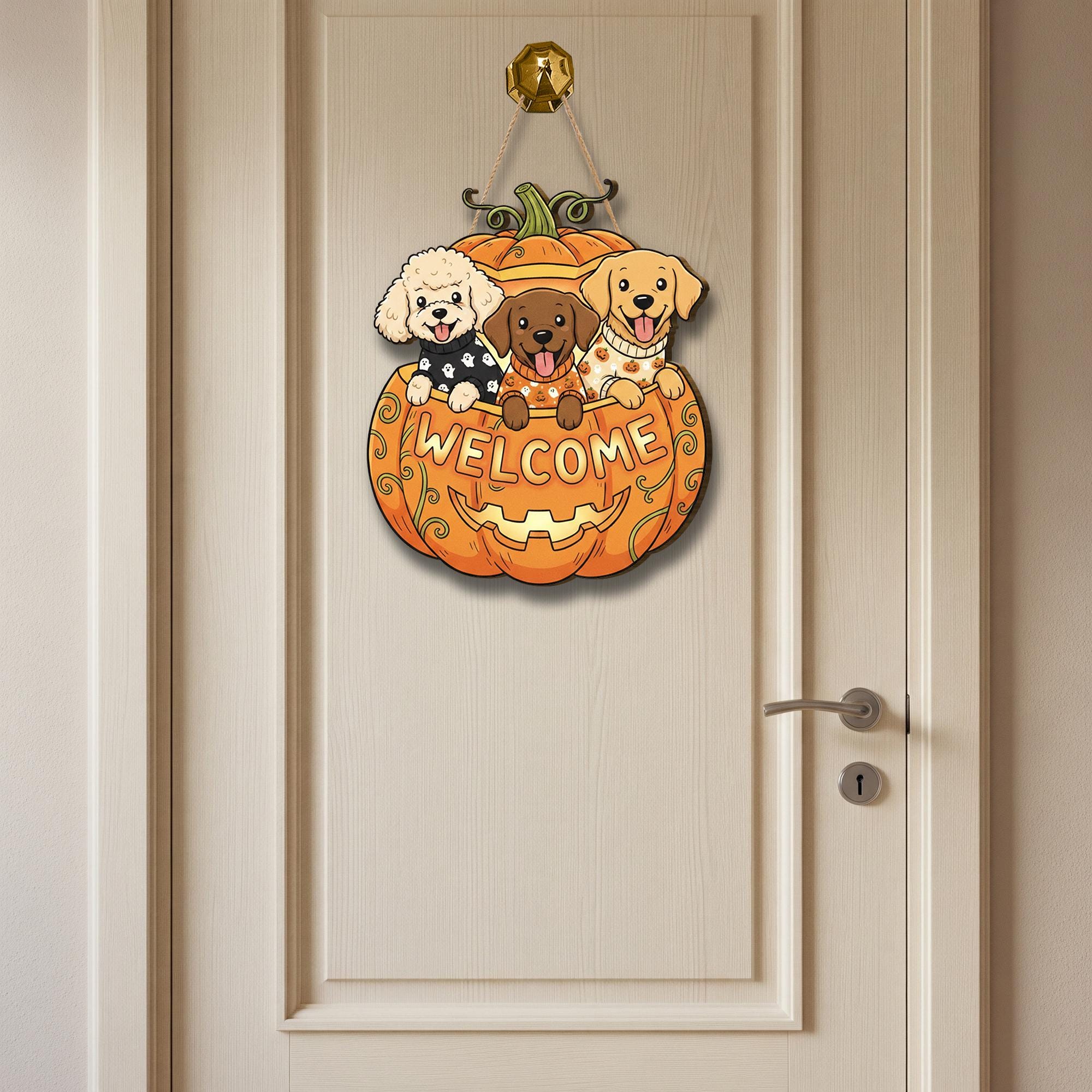 Wooden Door Hanger: Halloween Welcome Sign Pumpkin Custom Pet Autumn Porch Decoration