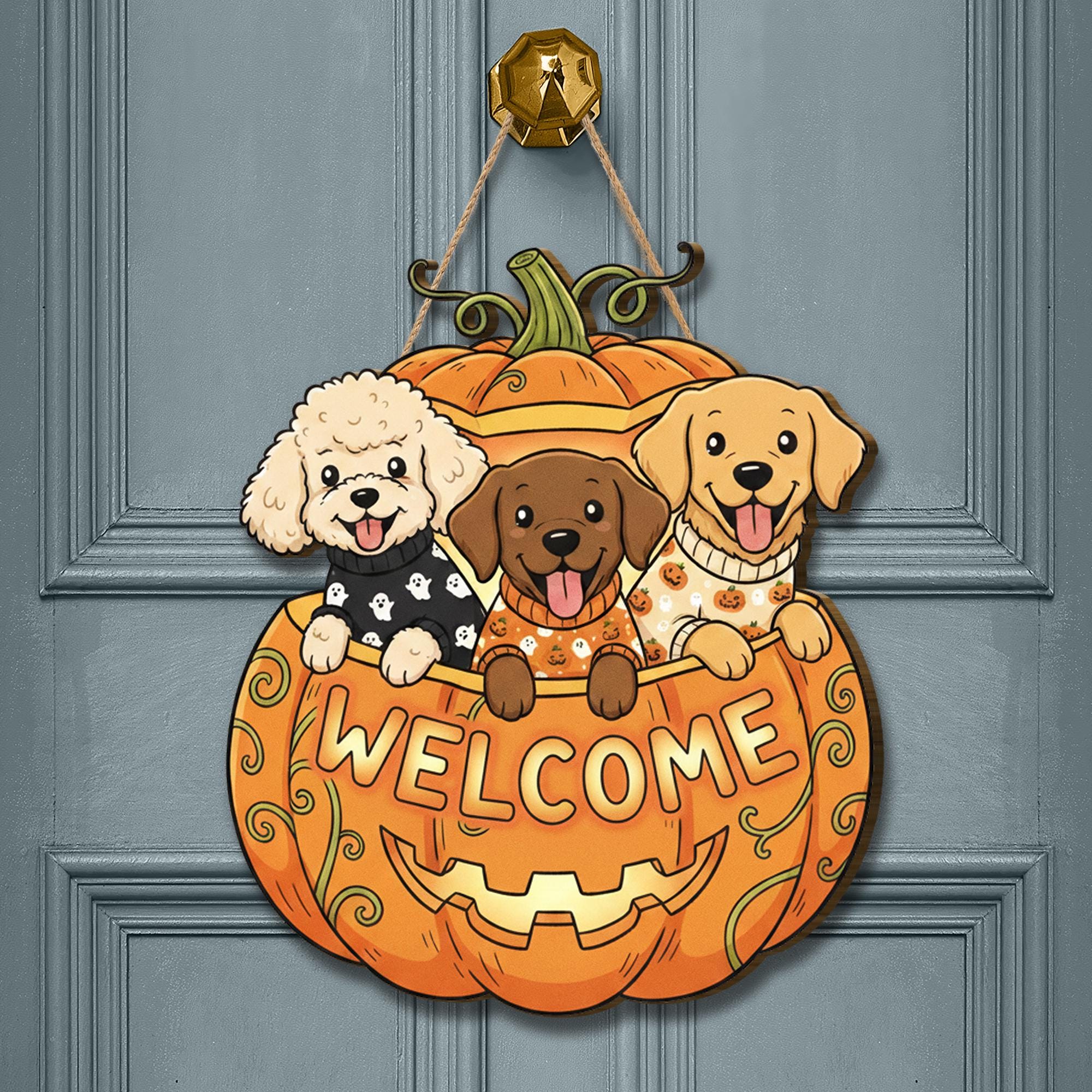 Wooden Door Hanger: Halloween Welcome Sign Pumpkin Custom Pet Autumn Porch Decoration