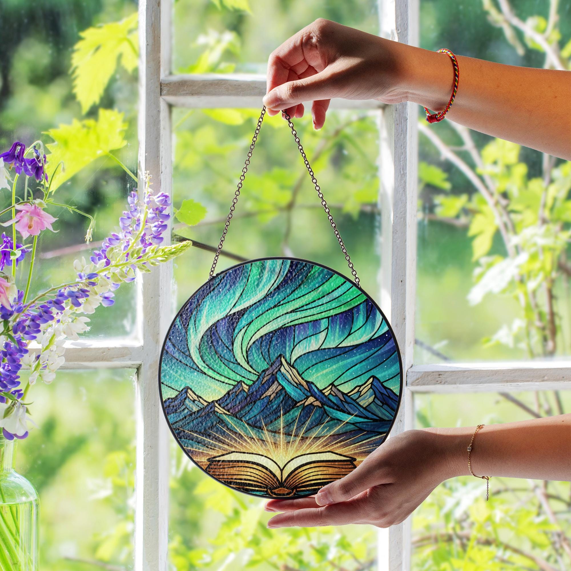 Glass Suncatcher: Aurora Mountain Book Window Hanging Fantasy Home Decoration