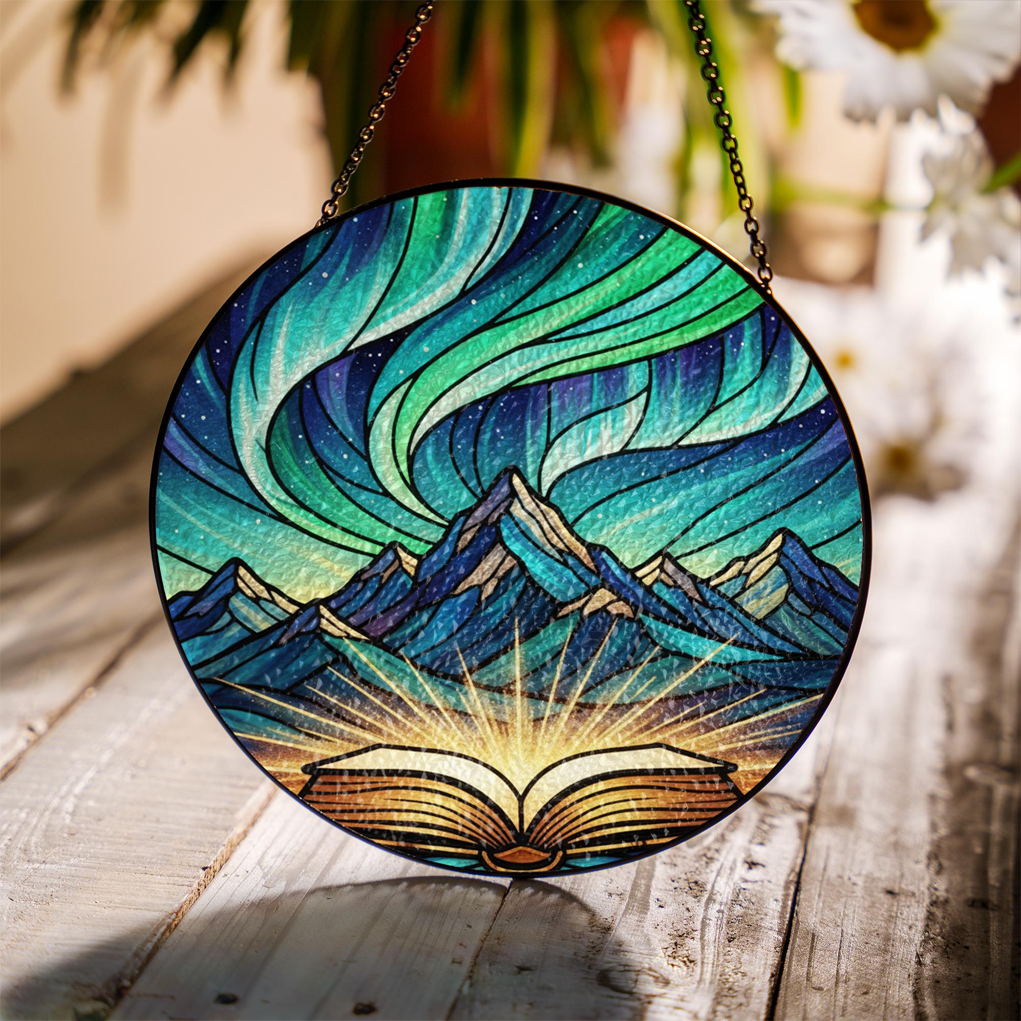 Glass Suncatcher: Aurora Mountain Book Window Hanging Fantasy Home Decoration