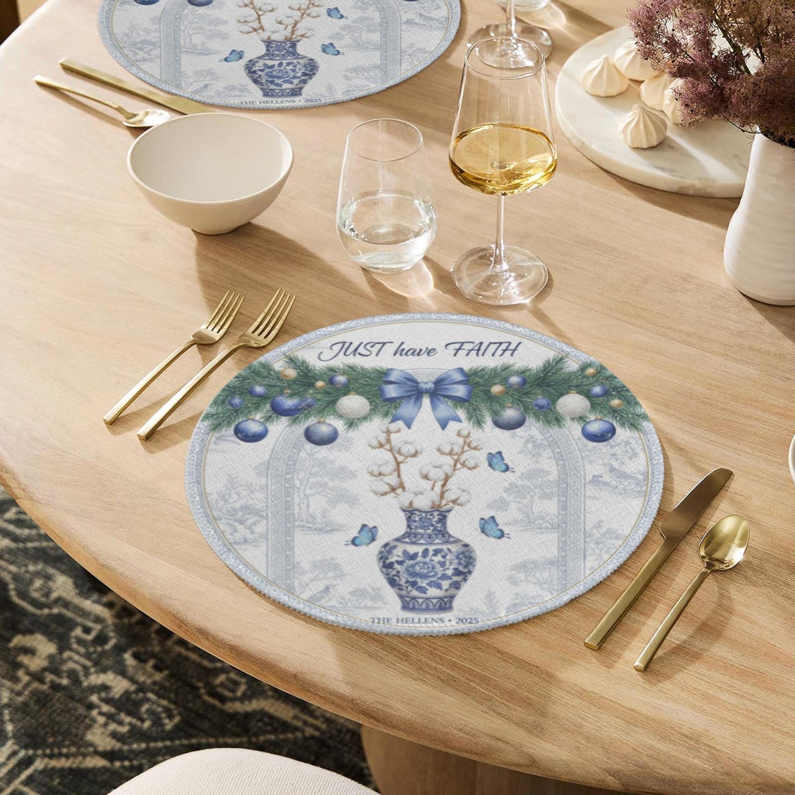 Just Have Faith Placemat – Custom Family Name Round Holiday Dining Table Decor