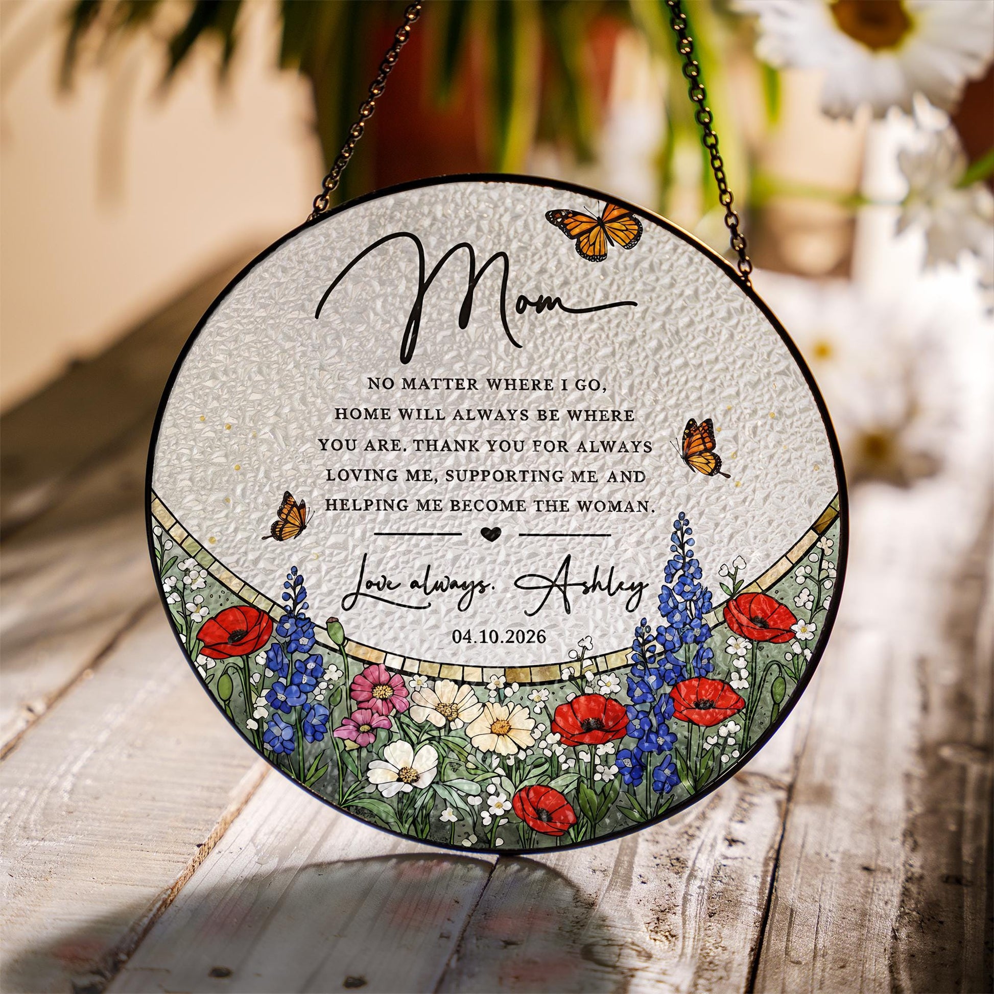 Mom Suncatcher Gift – Personalized Floral Glass Hanging Keepsake for Mother of the bride