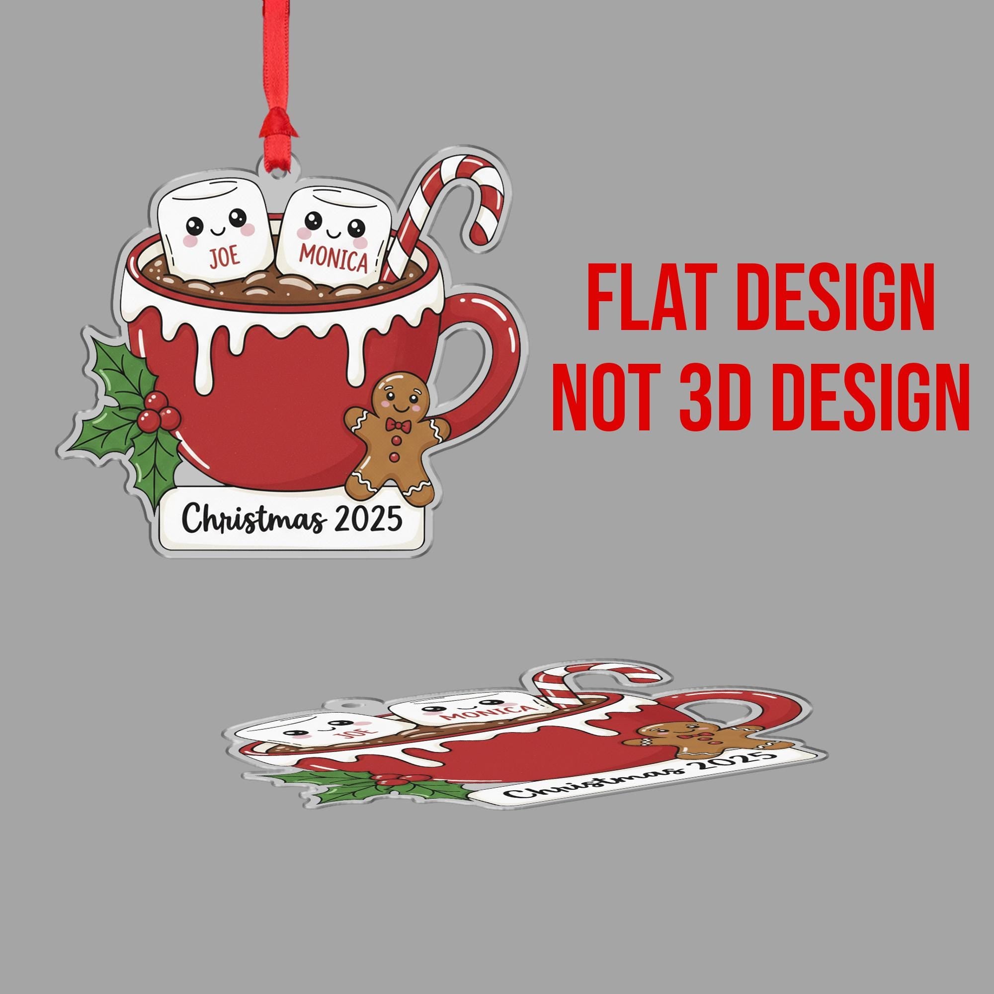 Personalized Christmas Ornament – Hot Cocoa Cup with Marshmallow Names, Candy Cane, Gingerbread, Holly