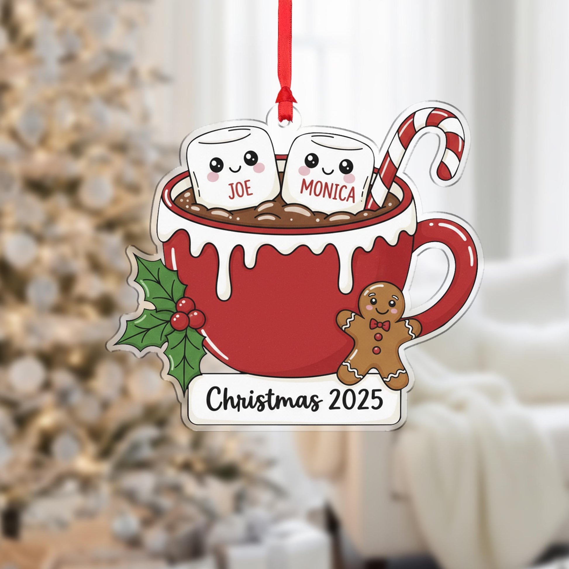 Personalized Christmas Ornament – Hot Cocoa Cup with Marshmallow Names, Candy Cane, Gingerbread, Holly
