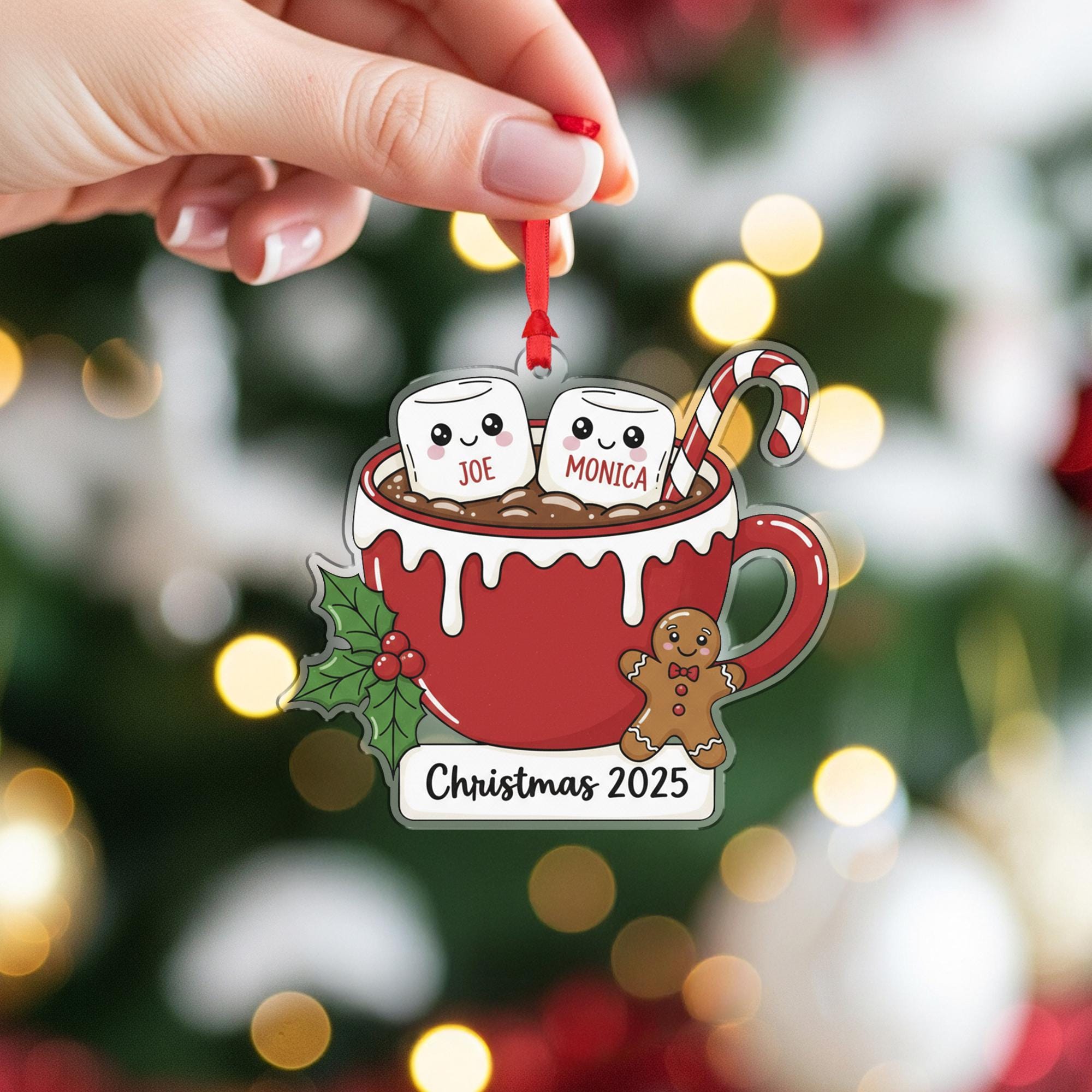 Personalized Christmas Ornament – Hot Cocoa Cup with Marshmallow Names, Candy Cane, Gingerbread, Holly