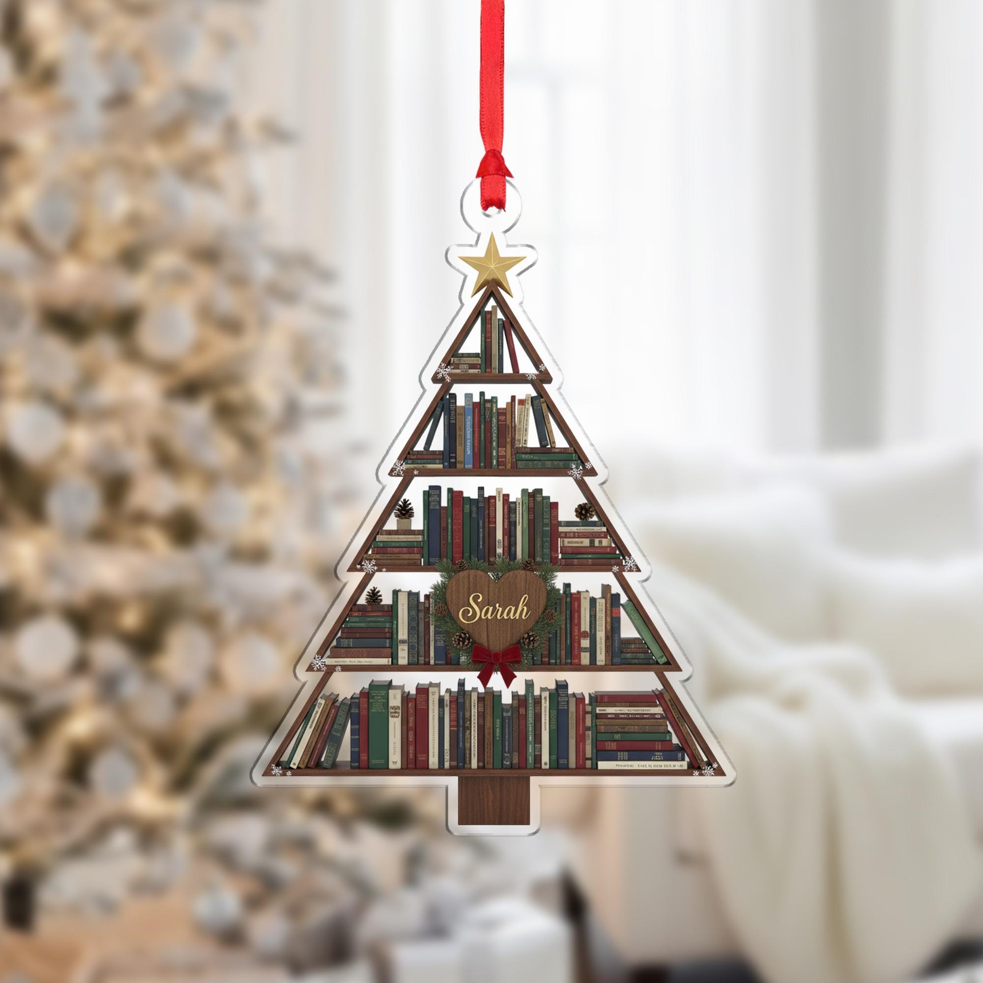 Personalized Book Lover Ornament: Christmas Tree Bookshelf Decoration