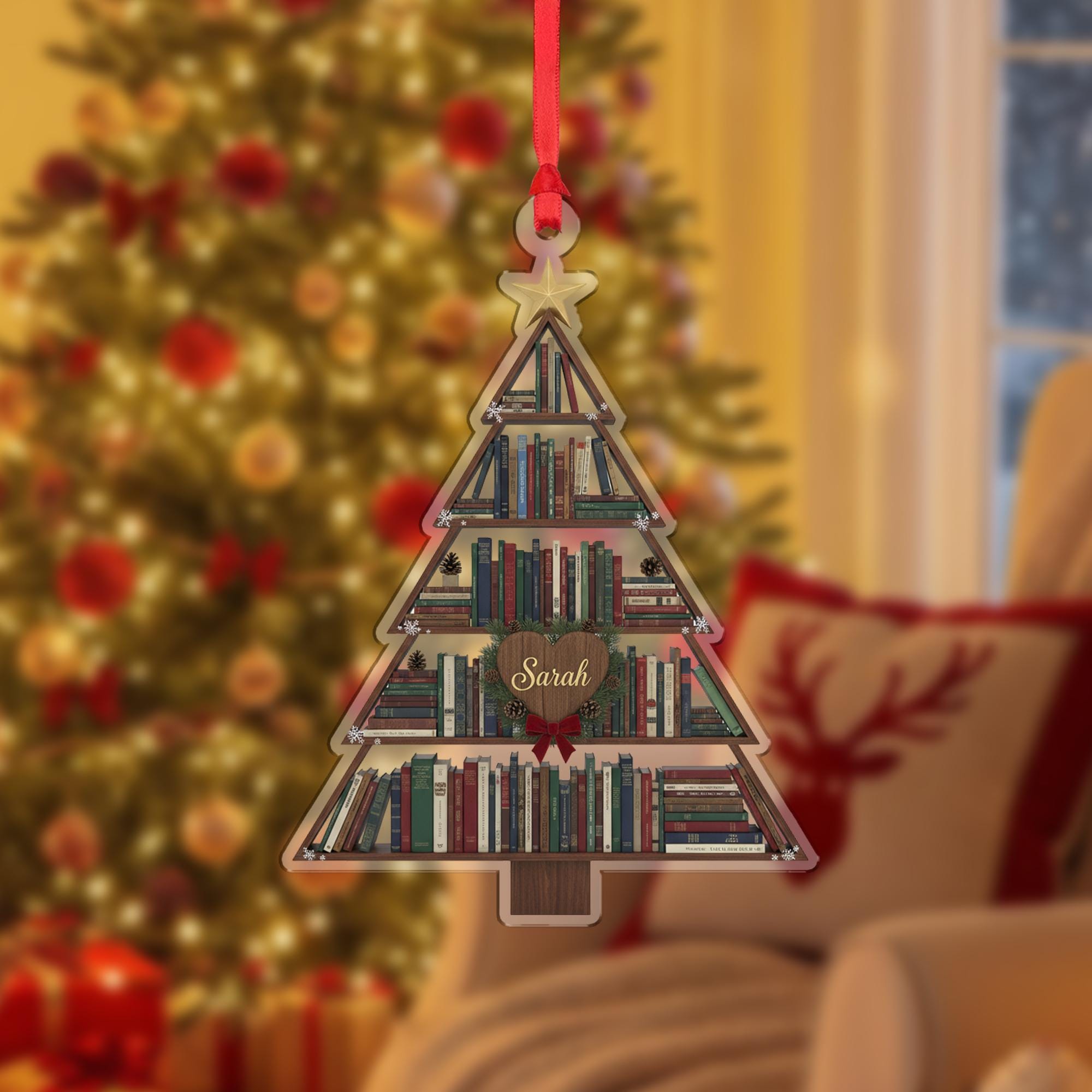 Personalized Book Lover Ornament: Christmas Tree Bookshelf Decoration
