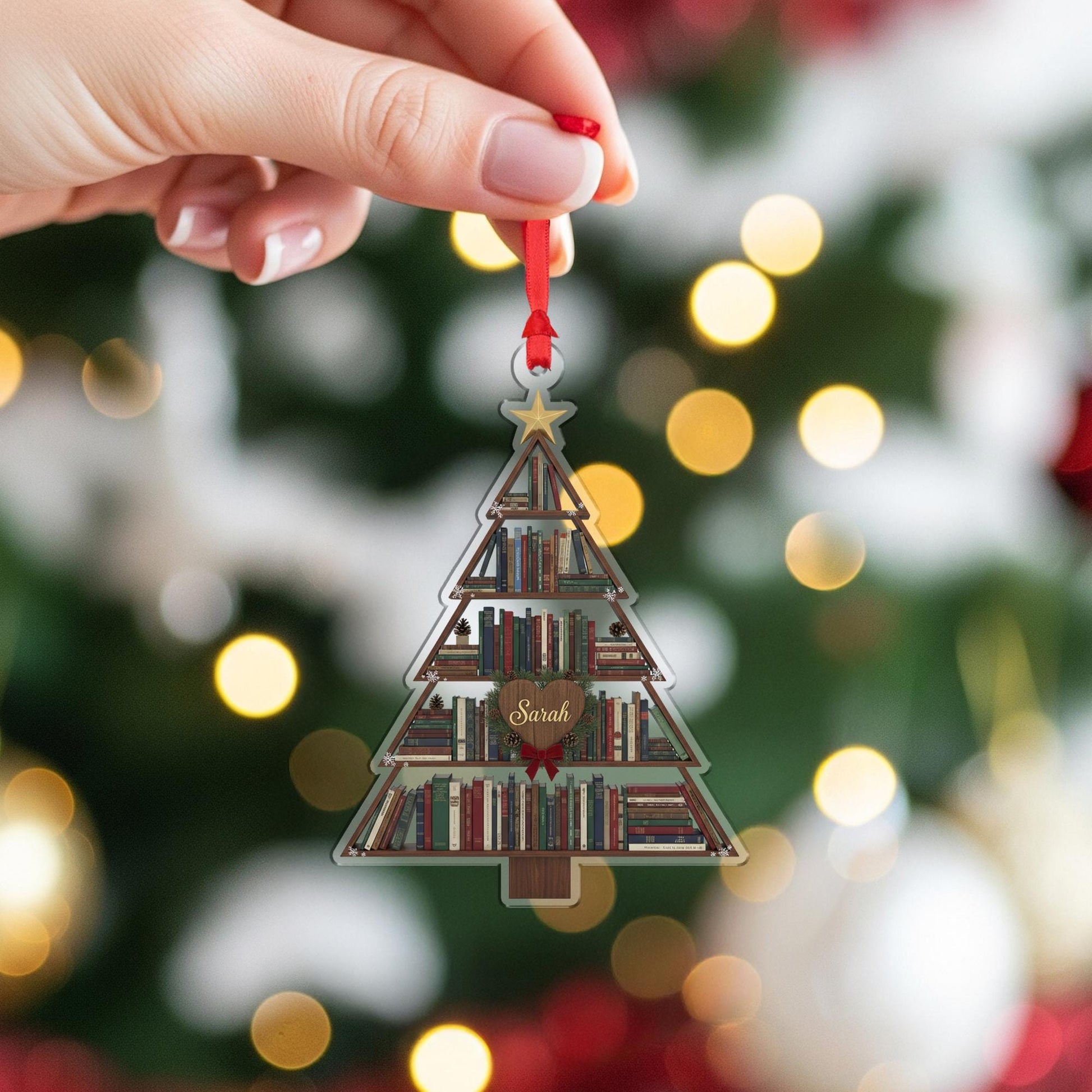 Personalized Book Lover Ornament: Christmas Tree Bookshelf Decoration
