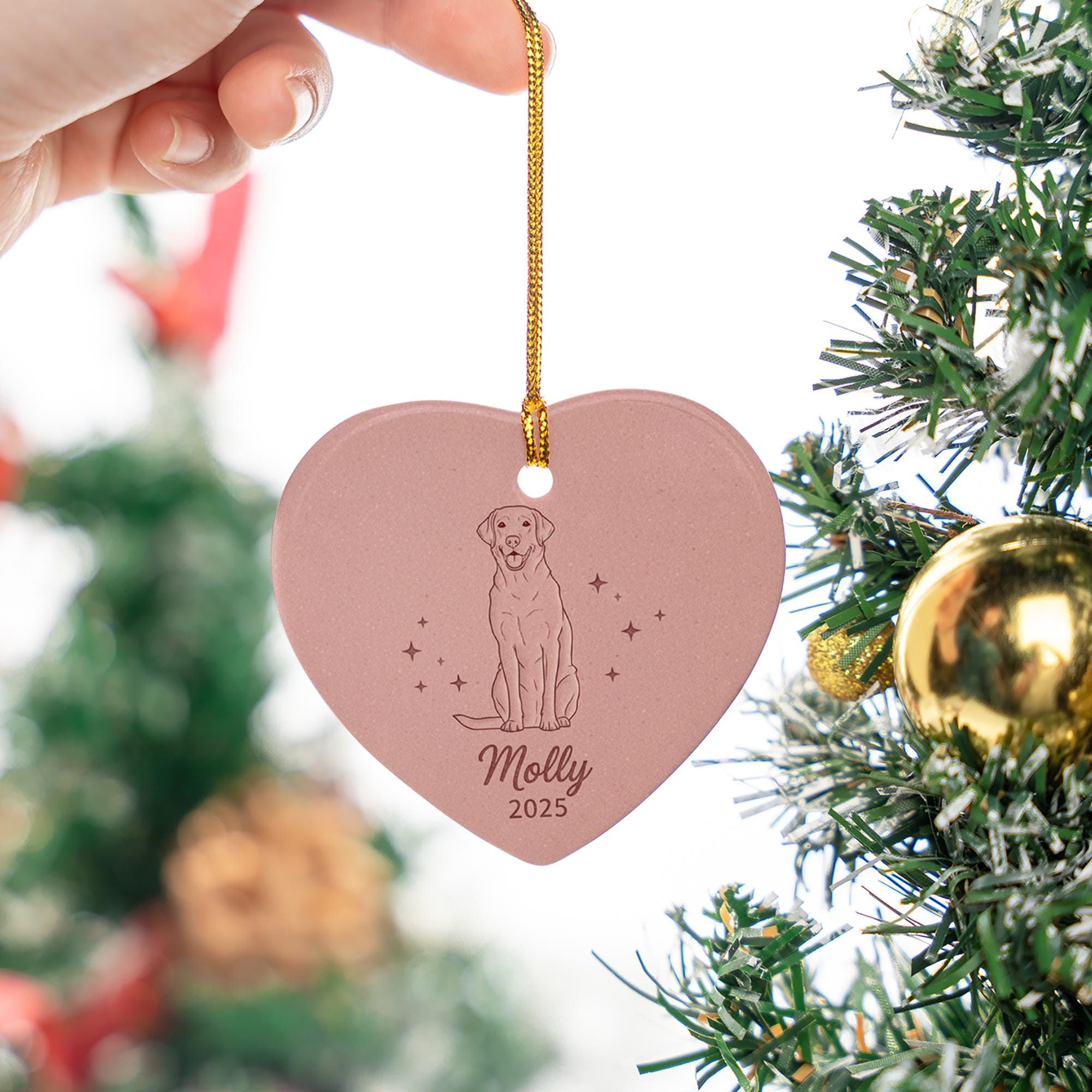 Personalized Ceramic Ornament – Dog Line Art, Heart Shape, Pet Memorial Keepsake