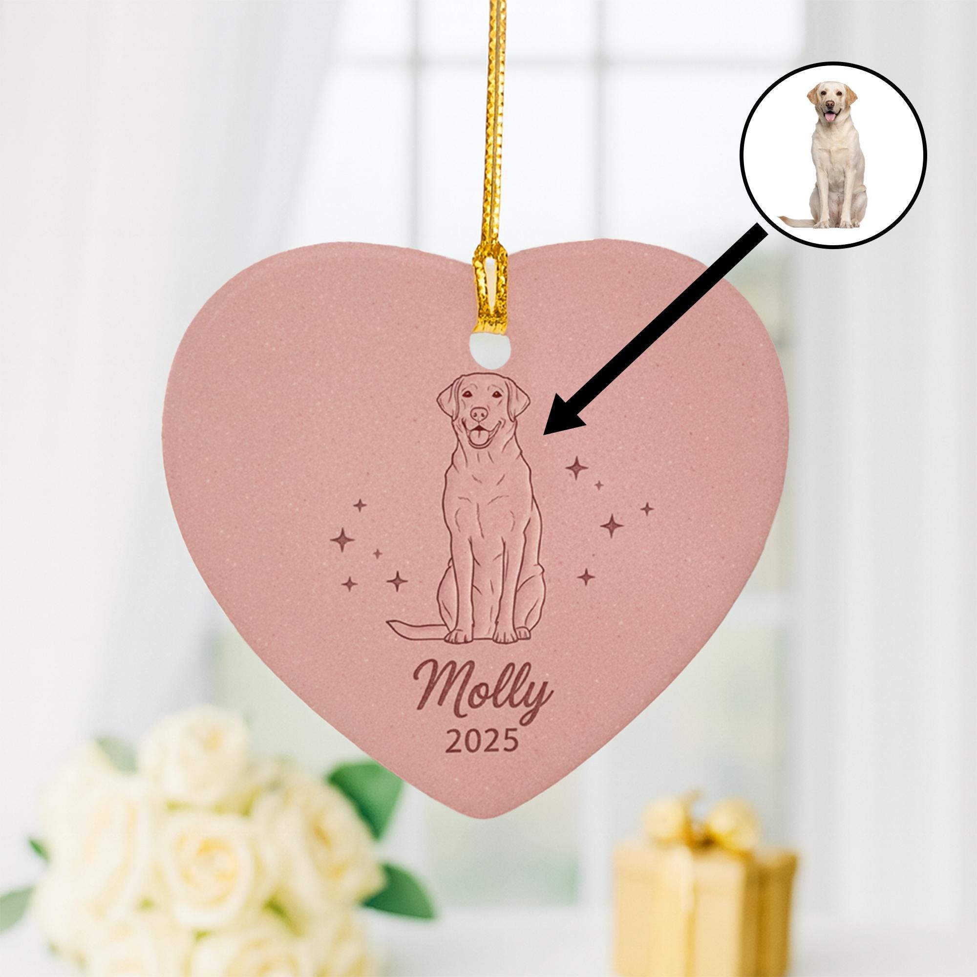 Personalized Ceramic Ornament – Dog Line Art, Heart Shape, Pet Memorial Keepsake