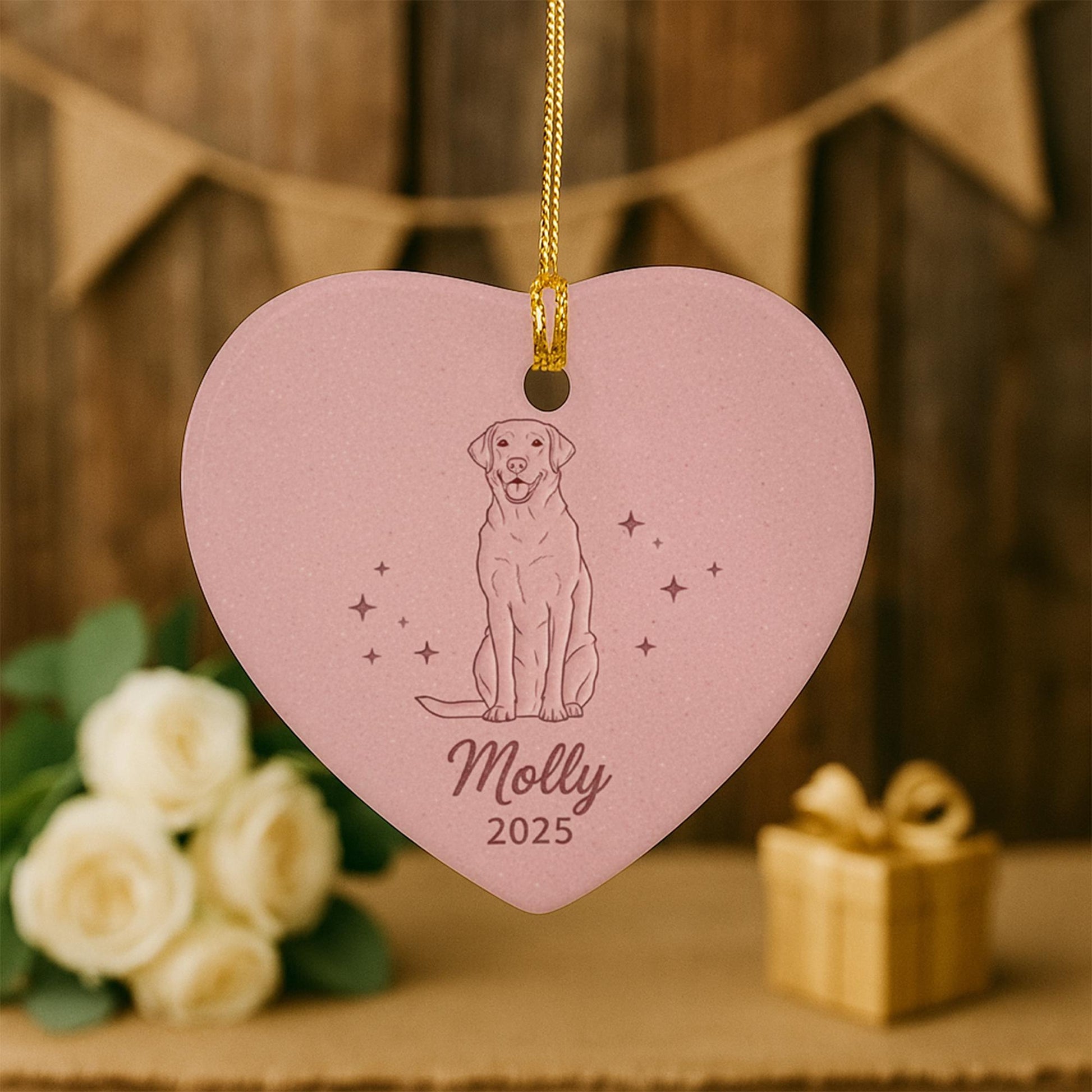 Personalized Ceramic Ornament – Dog Line Art, Heart Shape, Pet Memorial Keepsake