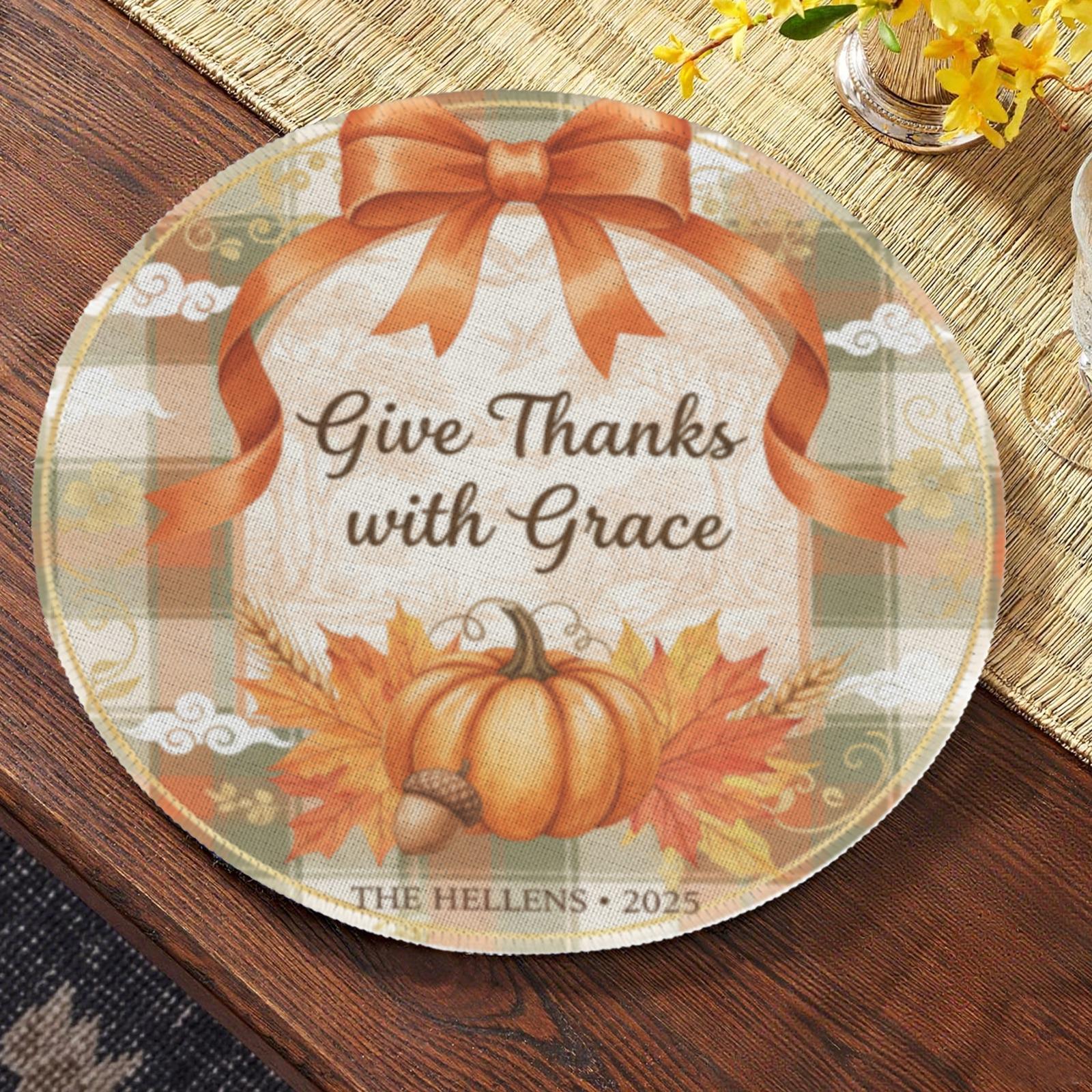 Thanksgiving Round Placemat – Personalized Fall Table Decor Pumpkin Design 2025