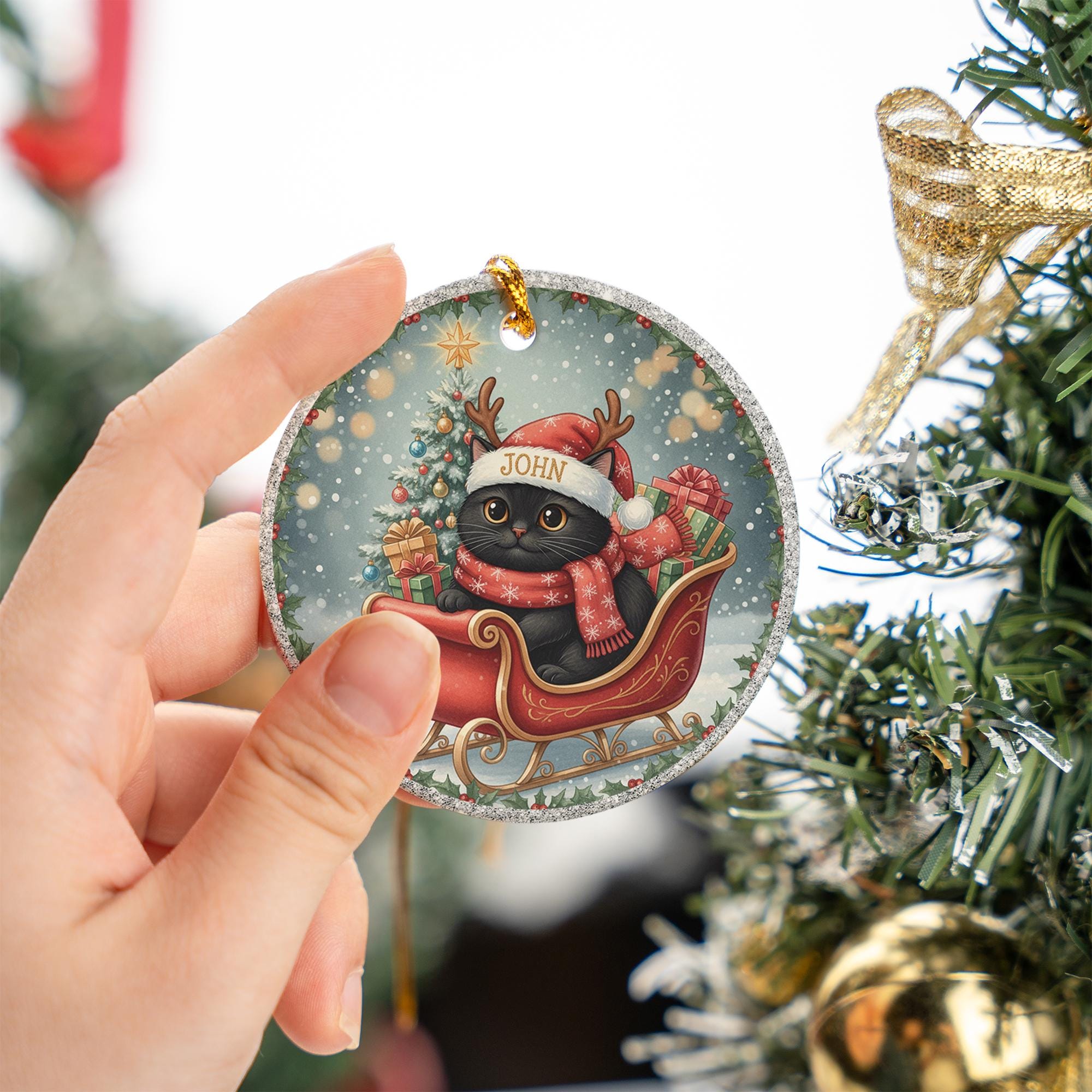 Personalized Black Cat Ornament: Double-Sided Ceramic, Pet Lover Gift