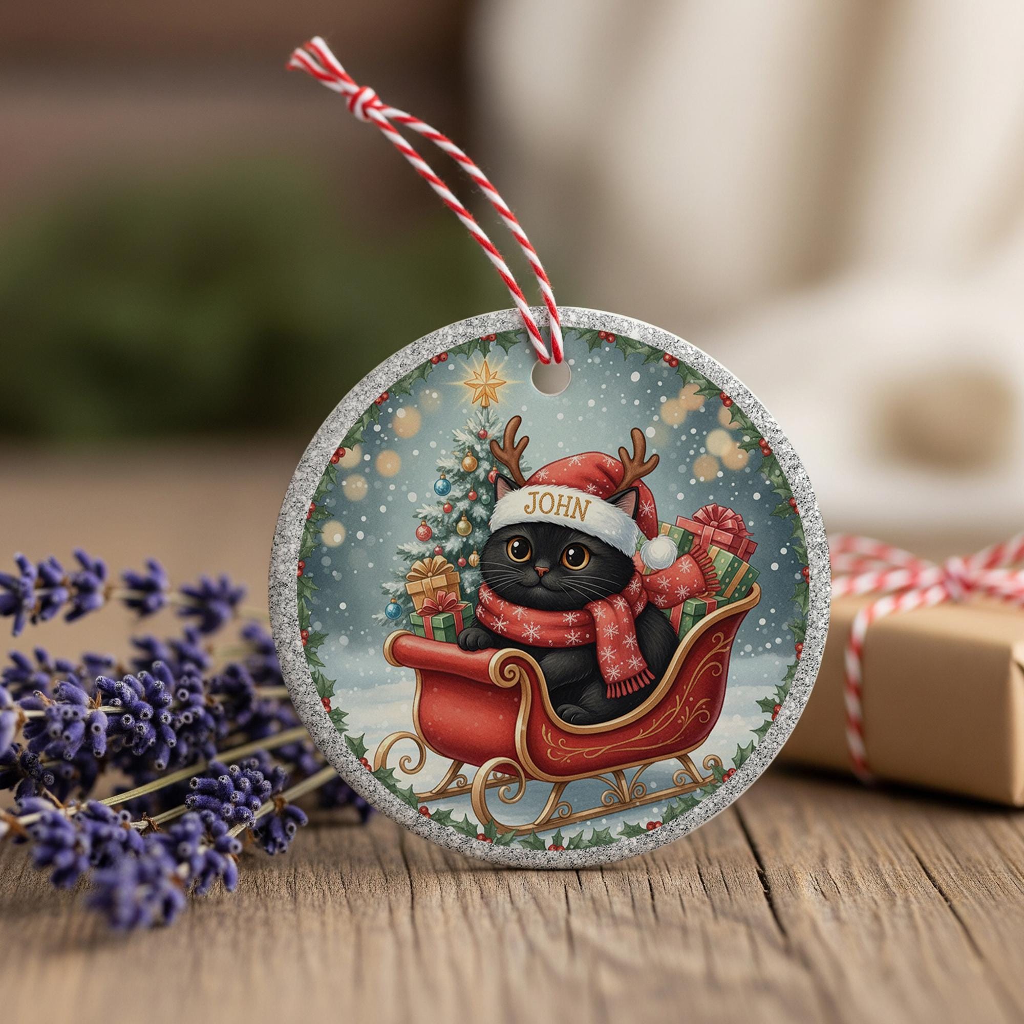 Personalized Black Cat Ornament: Double-Sided Ceramic, Pet Lover Gift