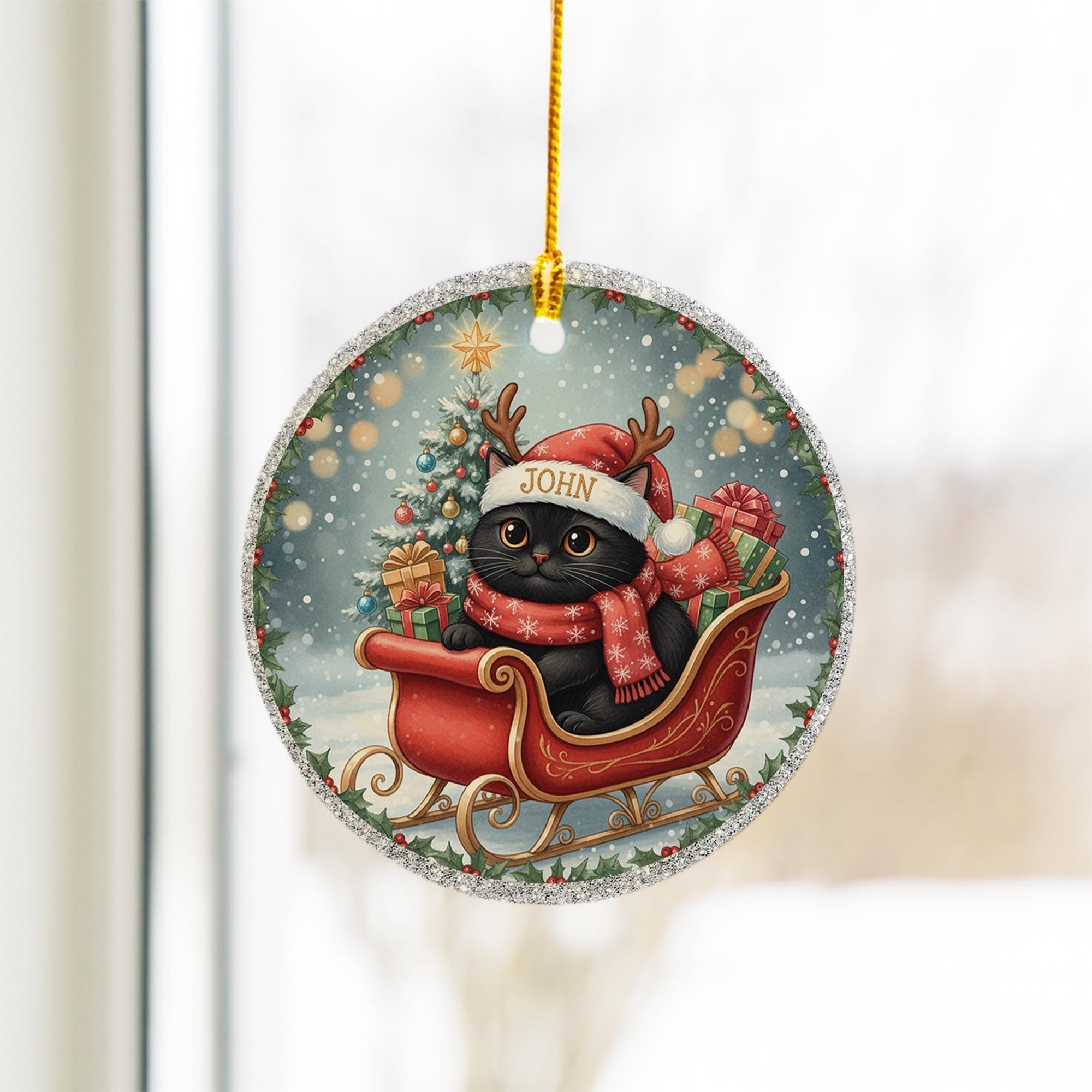 Personalized Black Cat Ornament: Double-Sided Ceramic, Pet Lover Gift