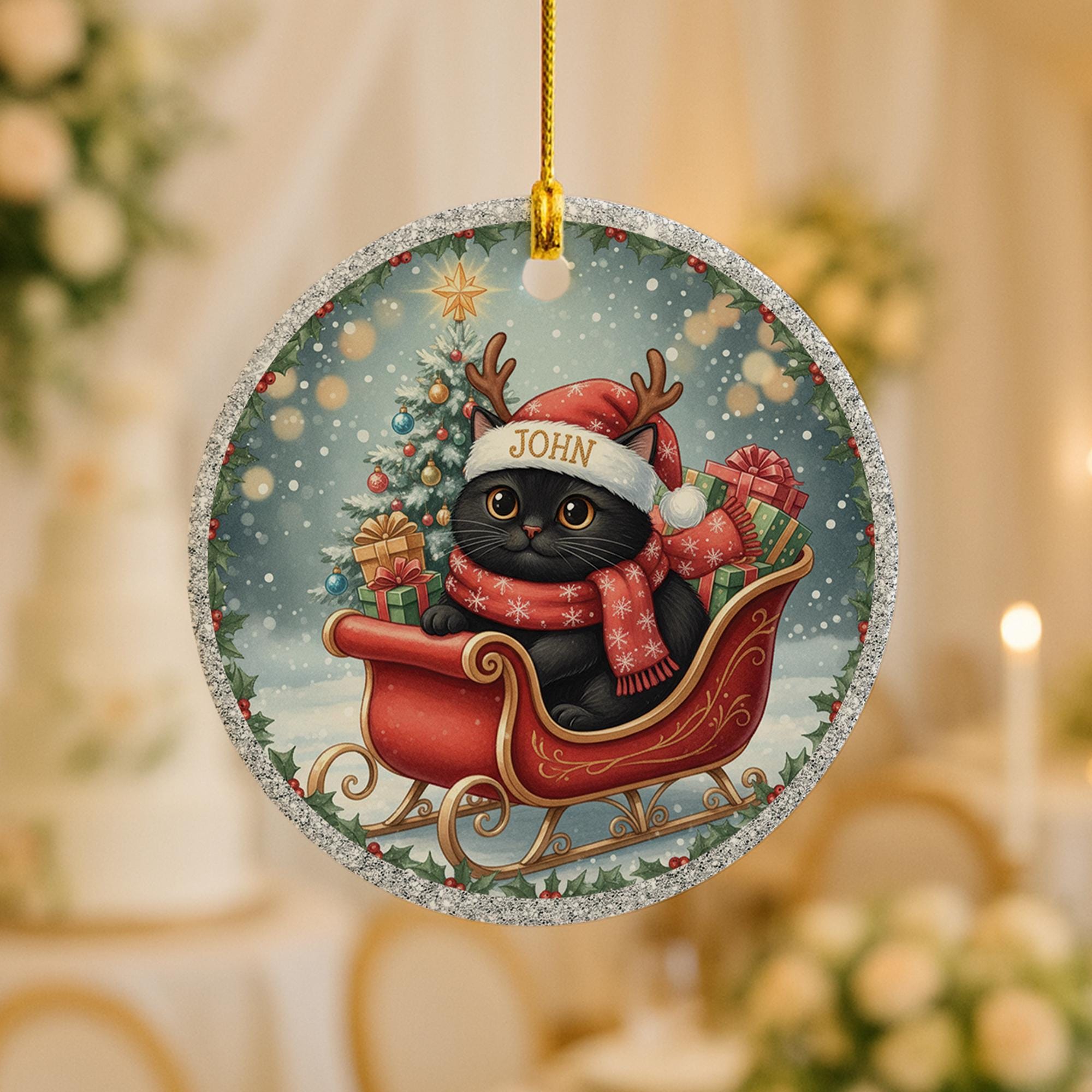 Personalized Black Cat Ornament: Double-Sided Ceramic, Pet Lover Gift