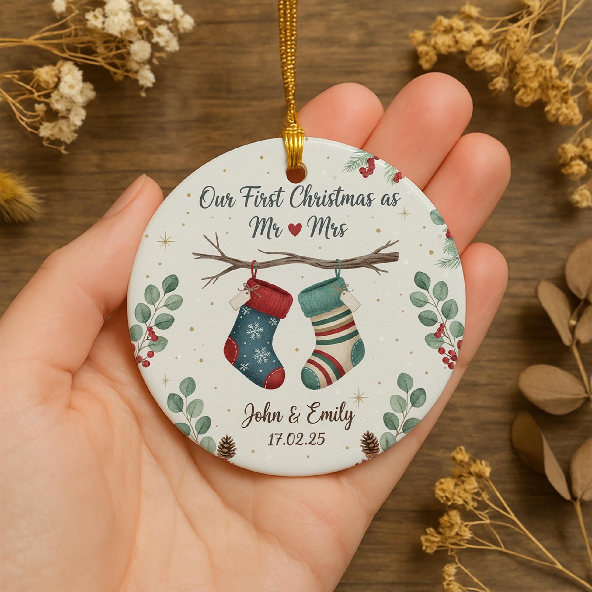 Personalized Ceramic Ornament – First Christmas Married with Stockings and Greenery