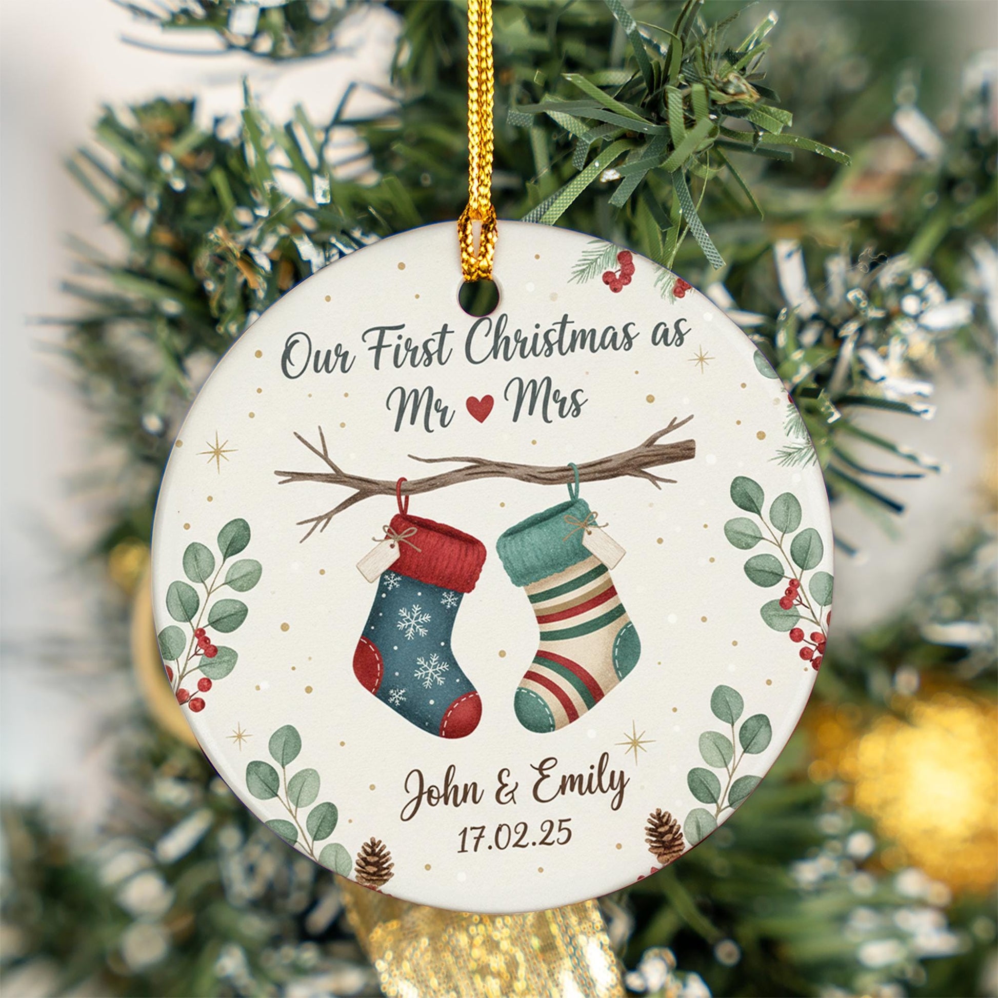 Personalized Ceramic Ornament – First Christmas Married with Stockings and Greenery