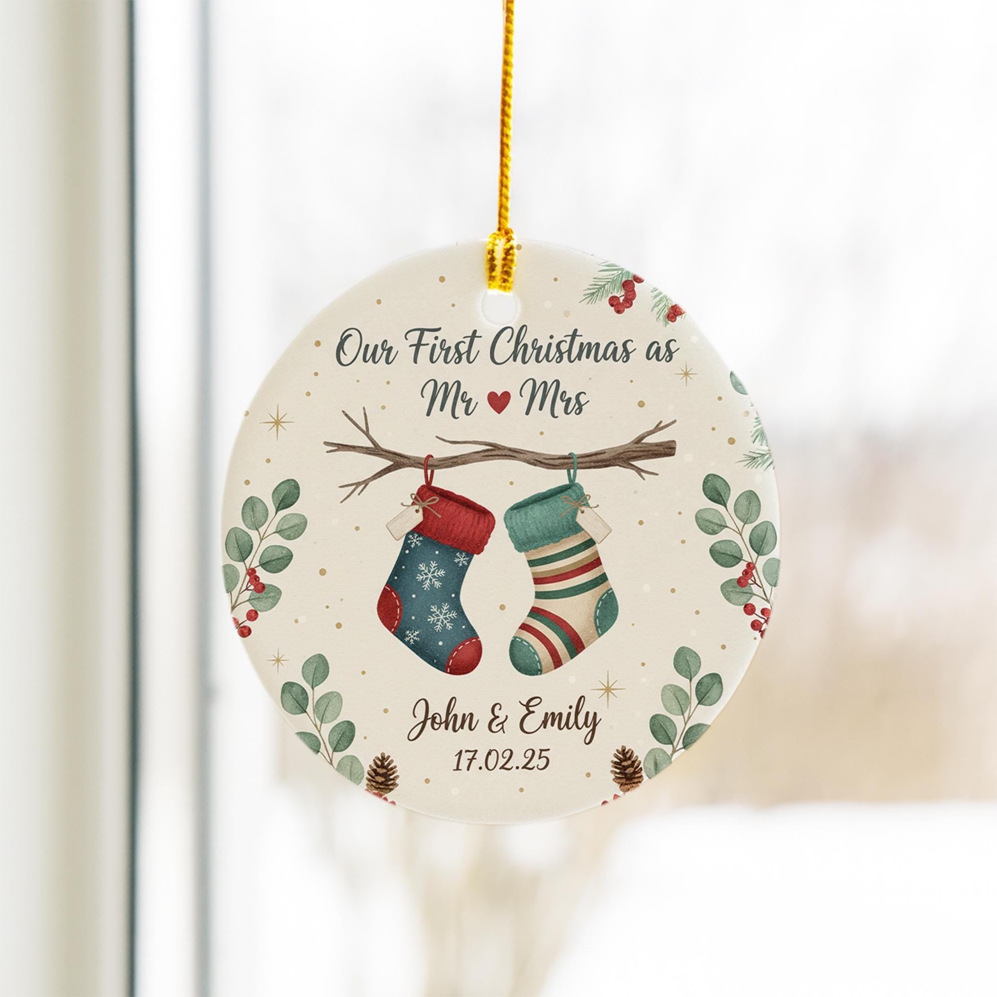Personalized Ceramic Ornament – First Christmas Married with Stockings and Greenery
